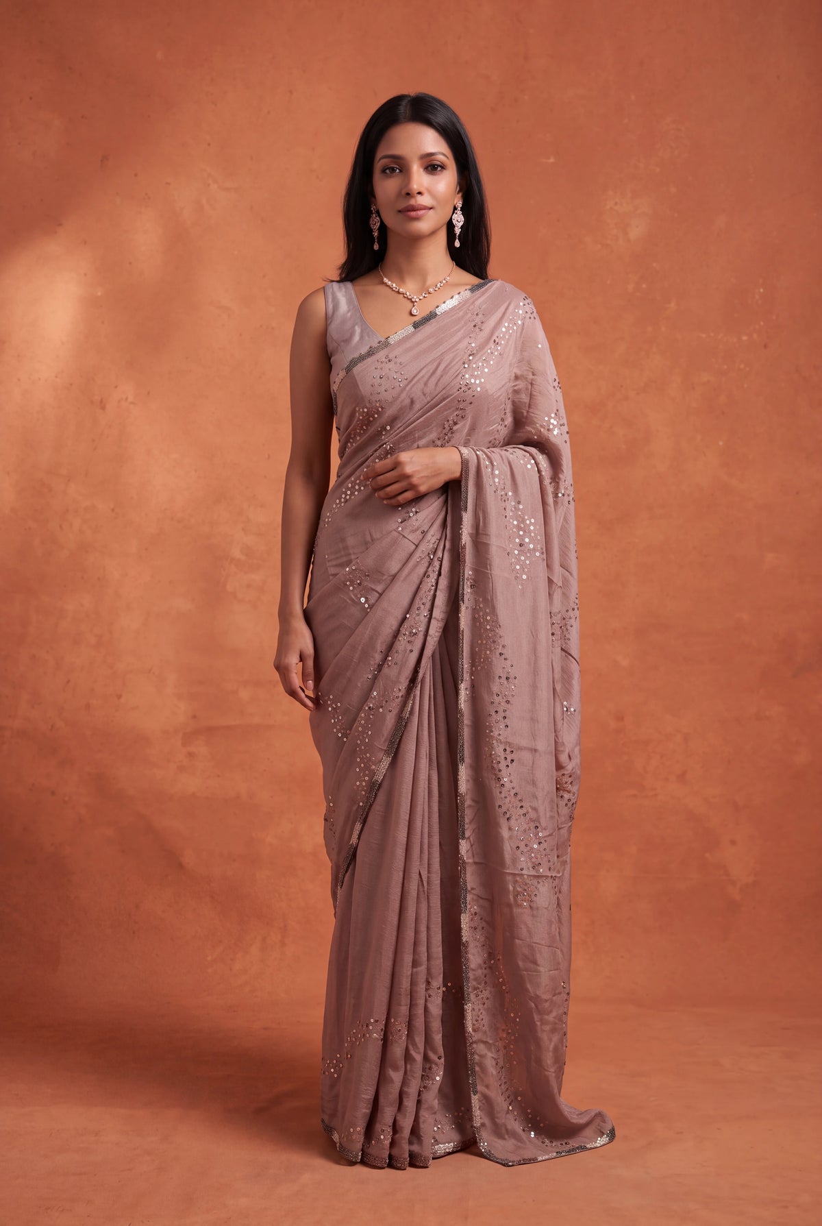 Brown Crush Crepe Saree with Sequin Work