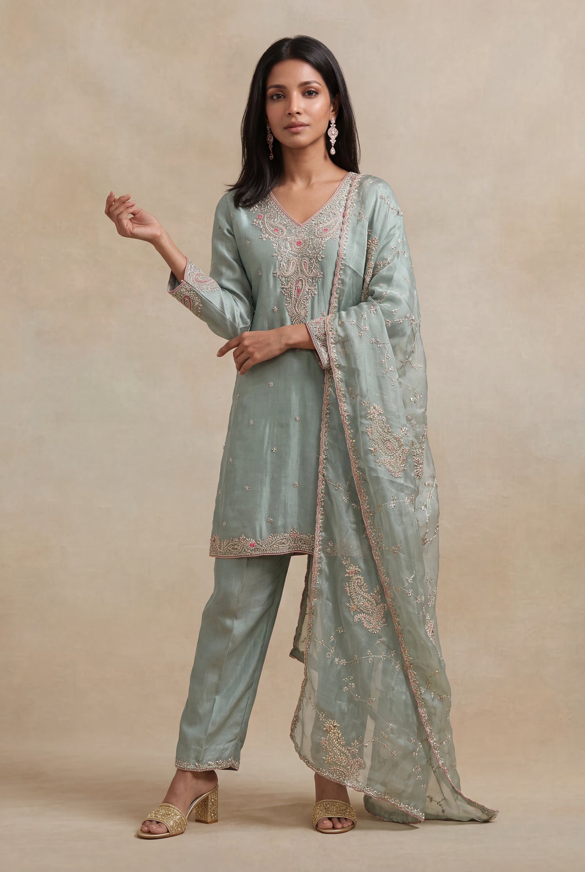 Sage Green Tissue Zardozi Straight Cut Salwar Suit