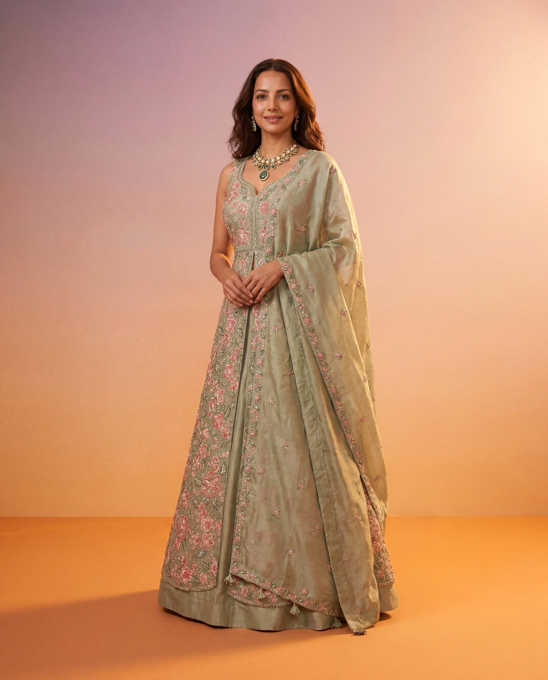 Sage Green Tissue Silk Indo-Western Lehenga