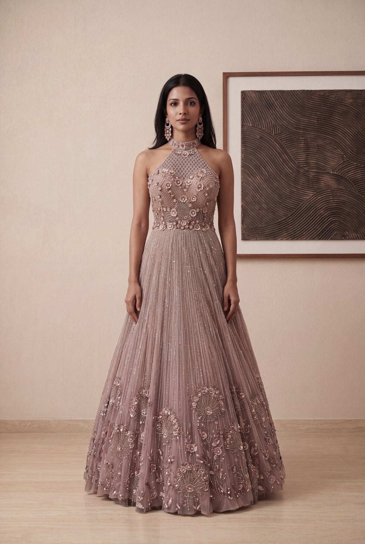 Baby Pink Embellished Halter Neck Gown