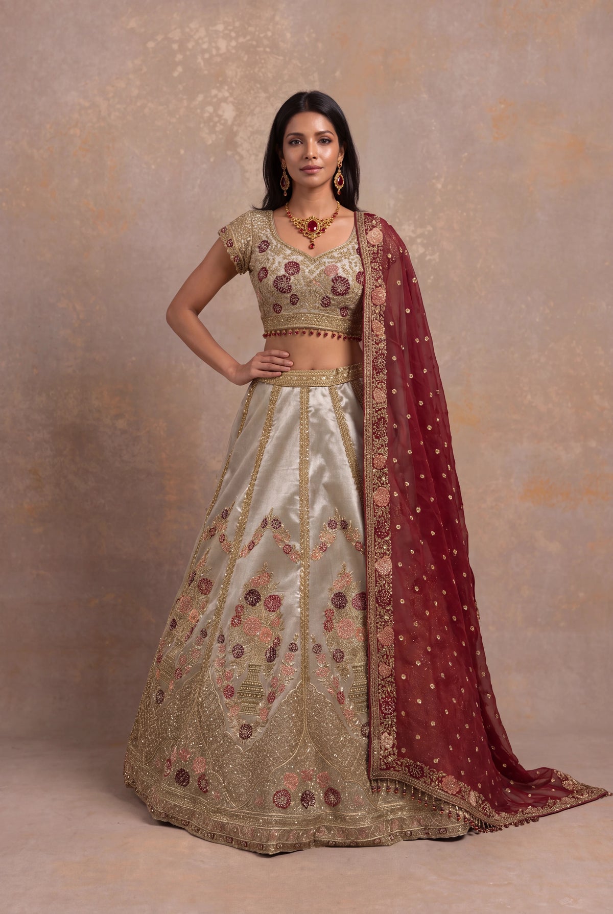 Gray Tissue Lehenga Set with Zardozi and Velvet Applique
