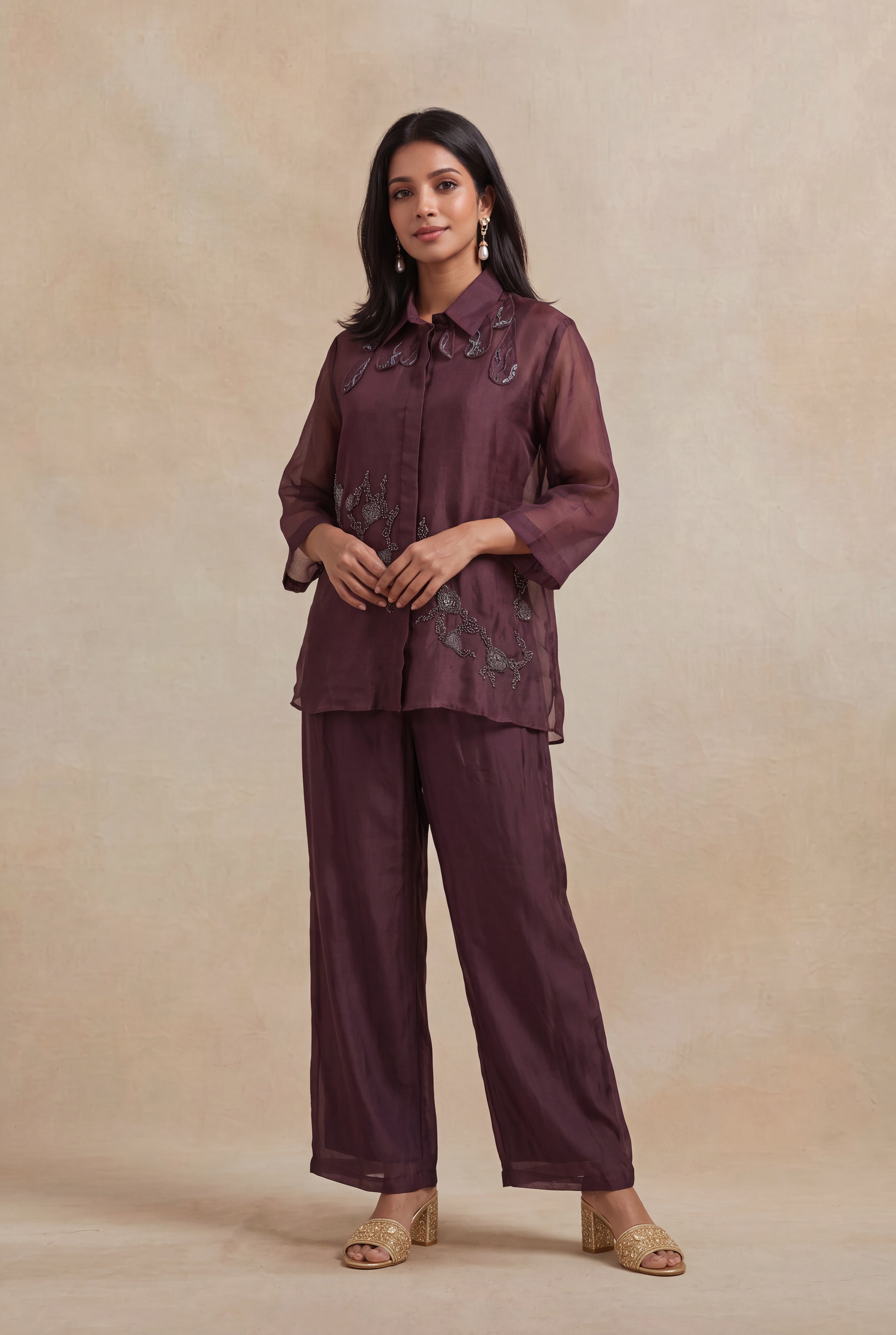 Wine Organza Embellished Co-ord Set
