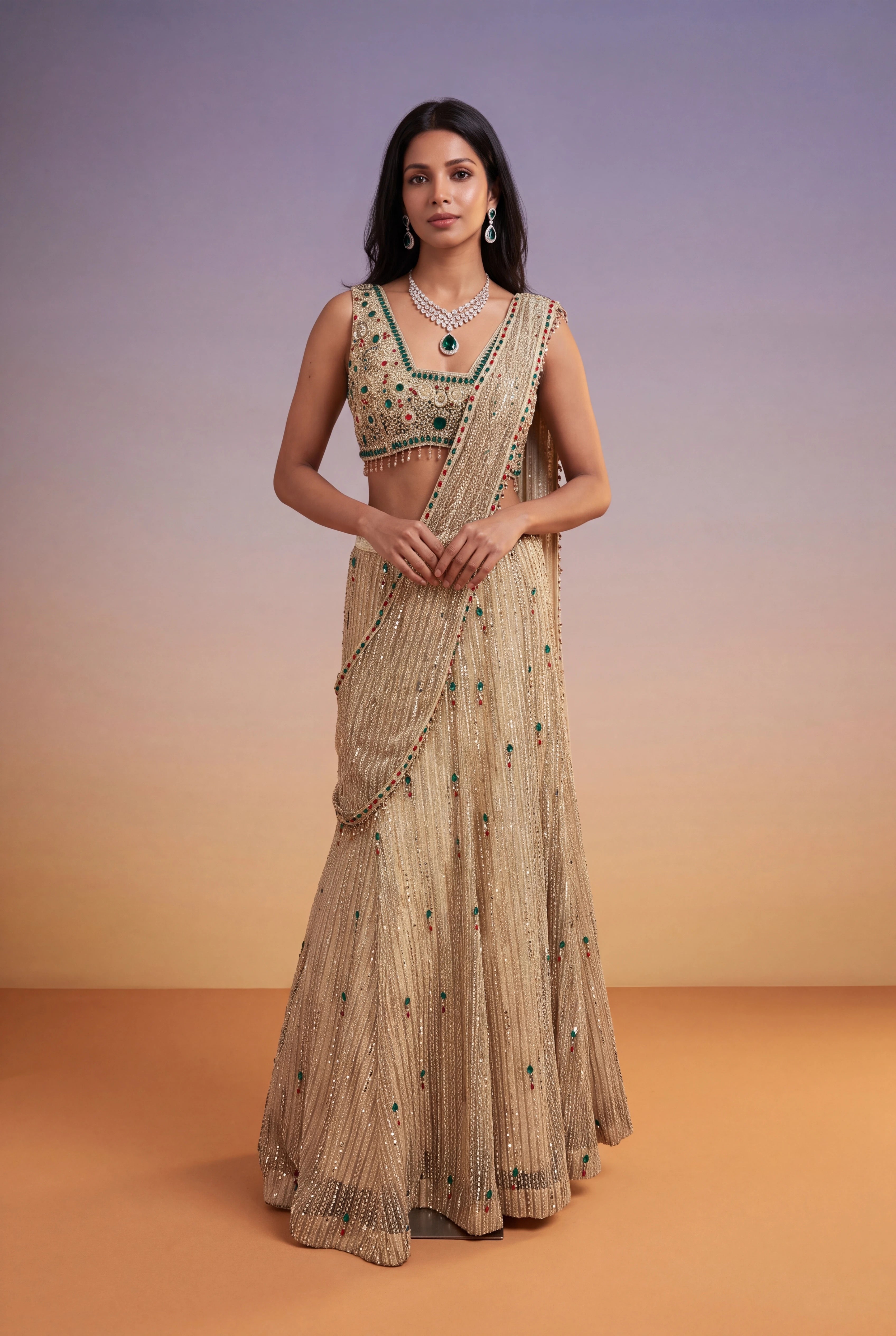 Gold Net Mermaid Lehenga with Jewel-Stone & Kutdana Embroidery