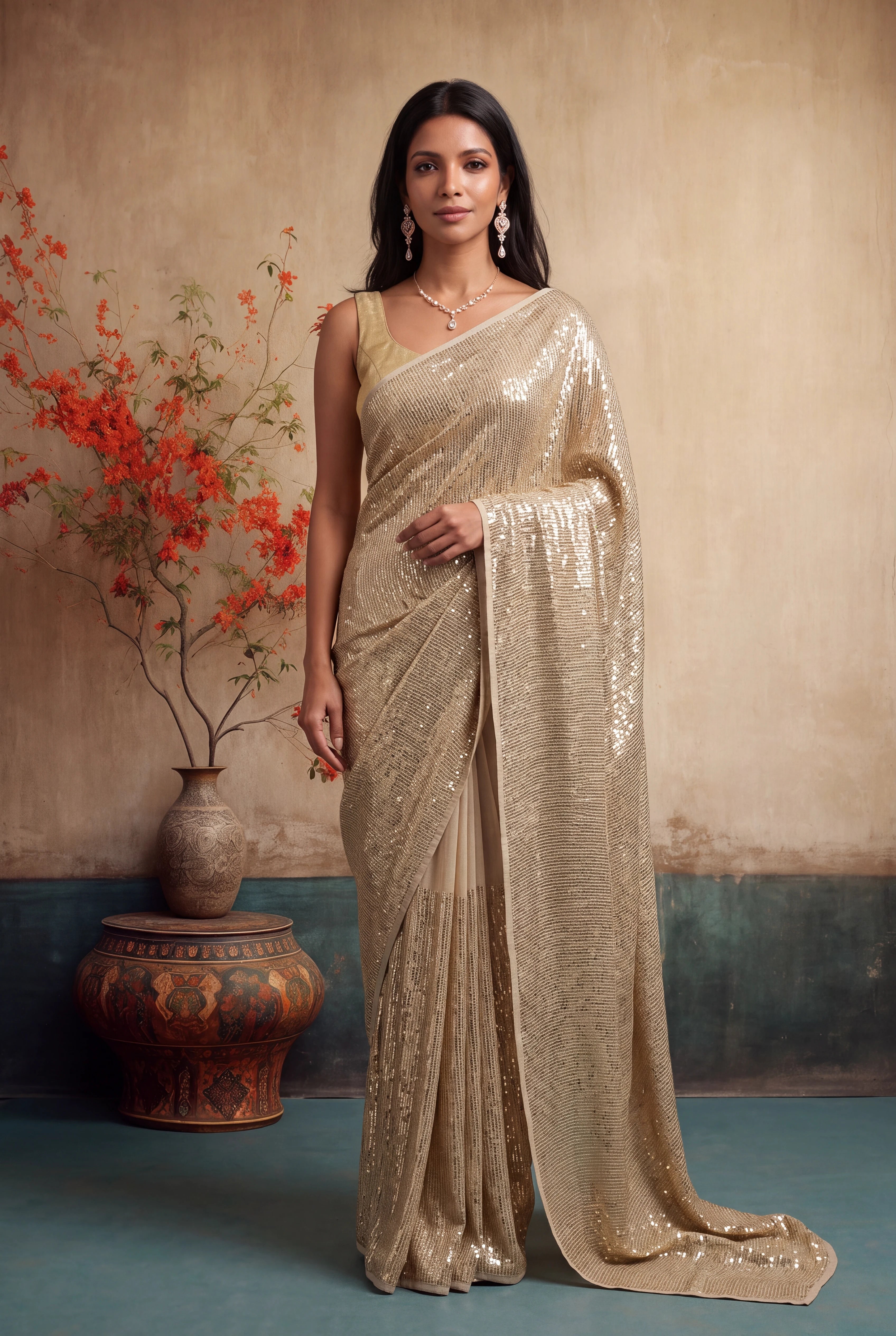 Beige Georgette Saree
