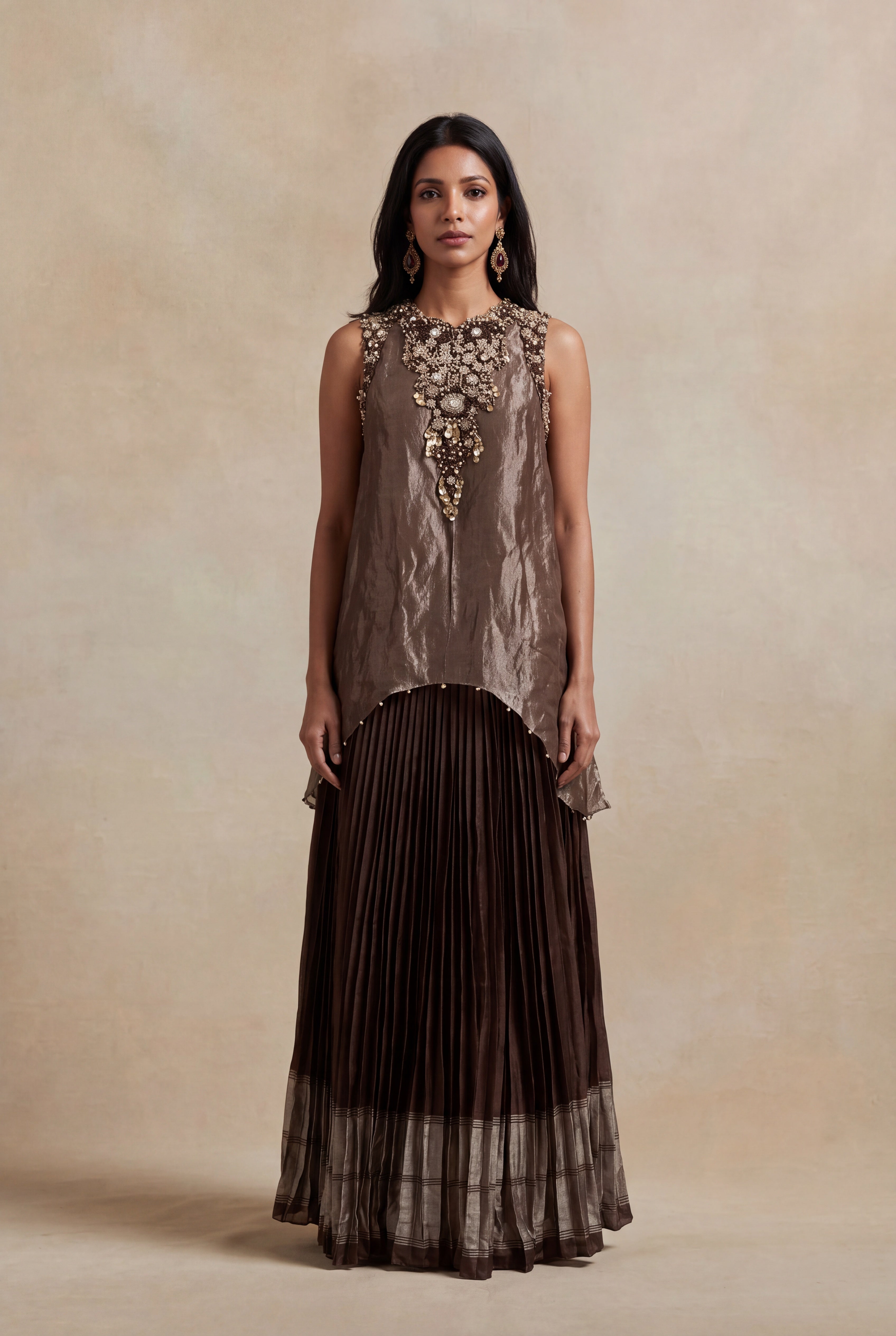 Bronze Crushed Tissue Top with Woven Silk Pleated Skirt