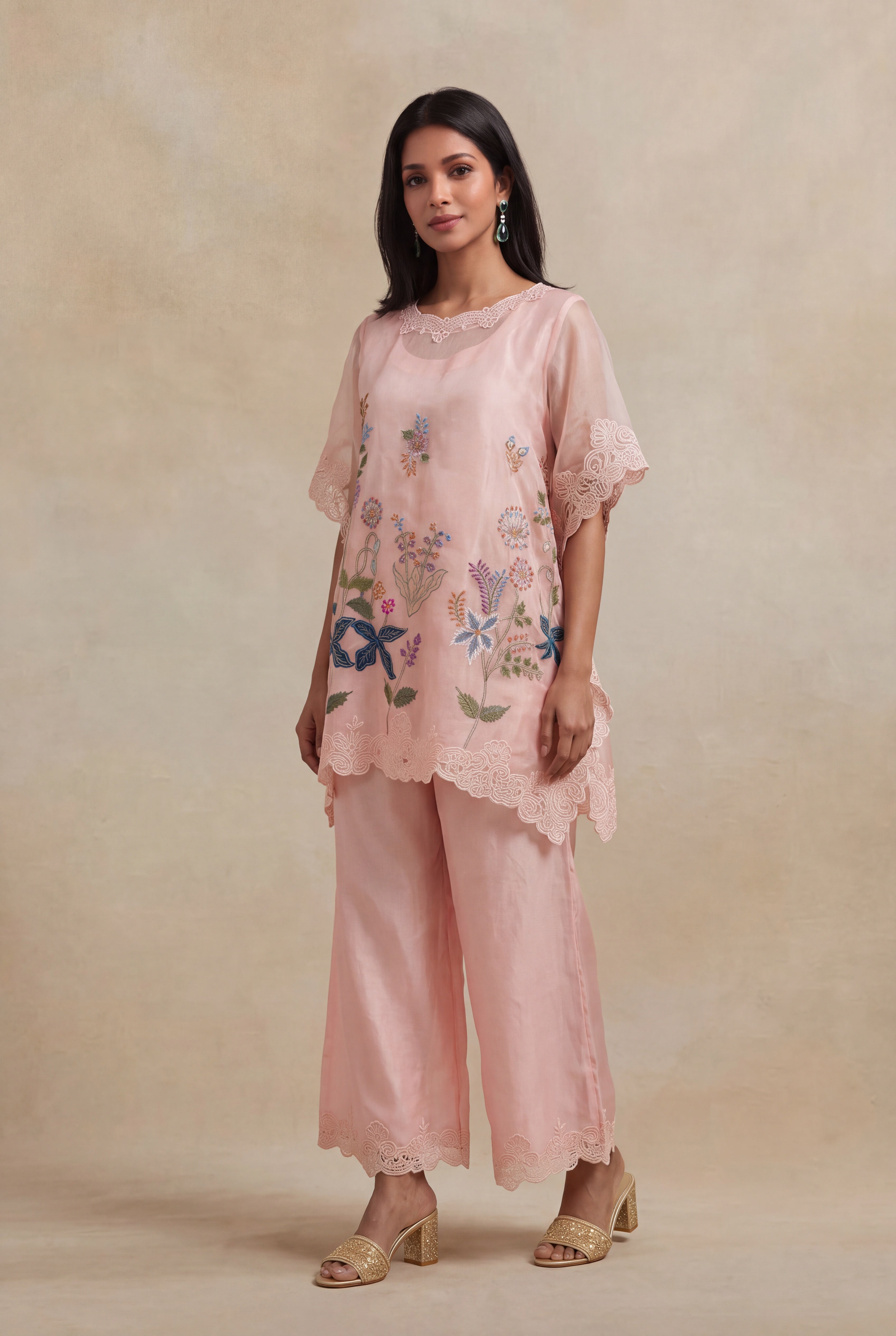 Blush Pink Organza Kaftan with Floral Thread Embroidery
