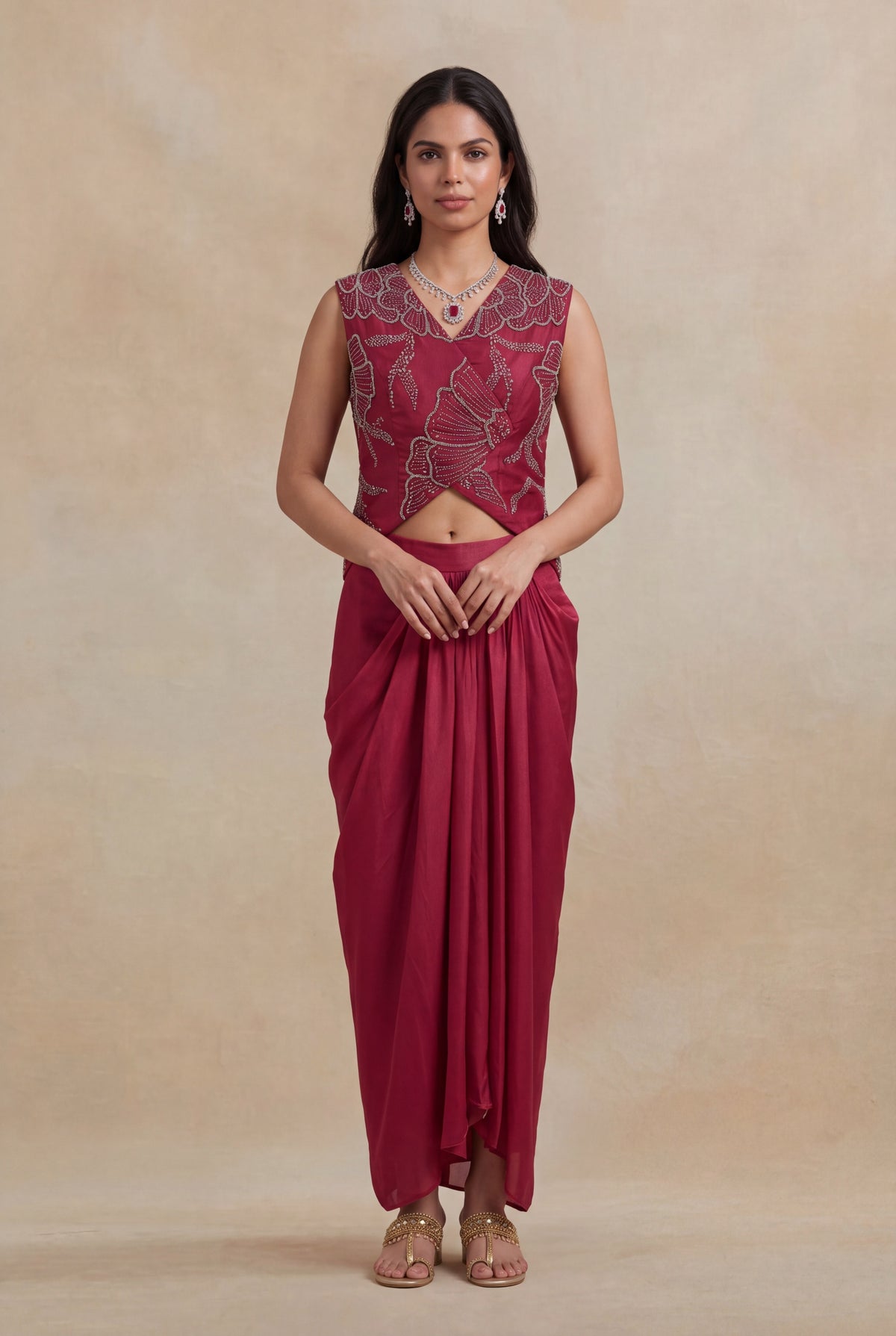 Wine Indo-Western Crop Top & Drape Skirt