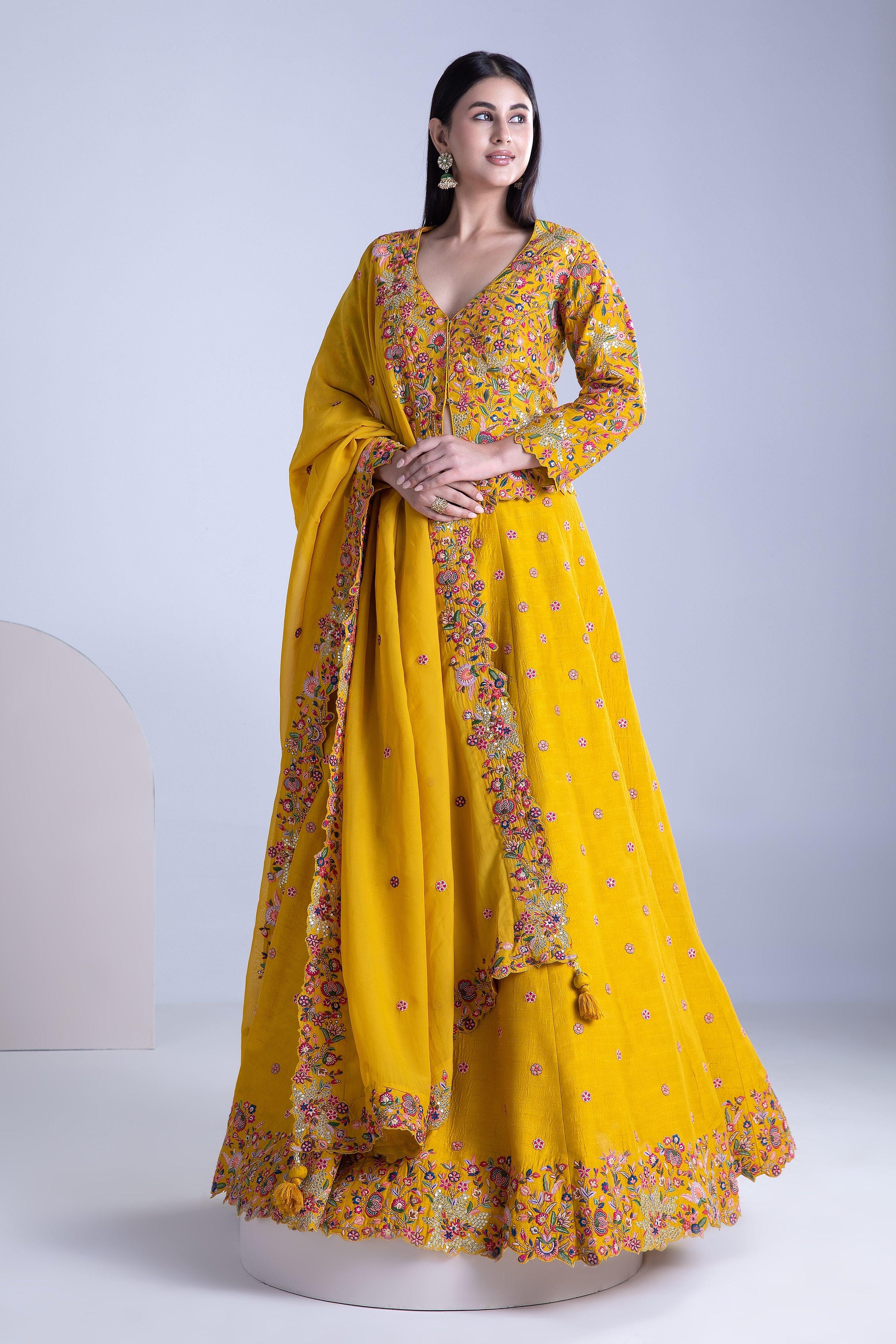 Mustard Yellow Silk Lehenga Set - Mokshaa