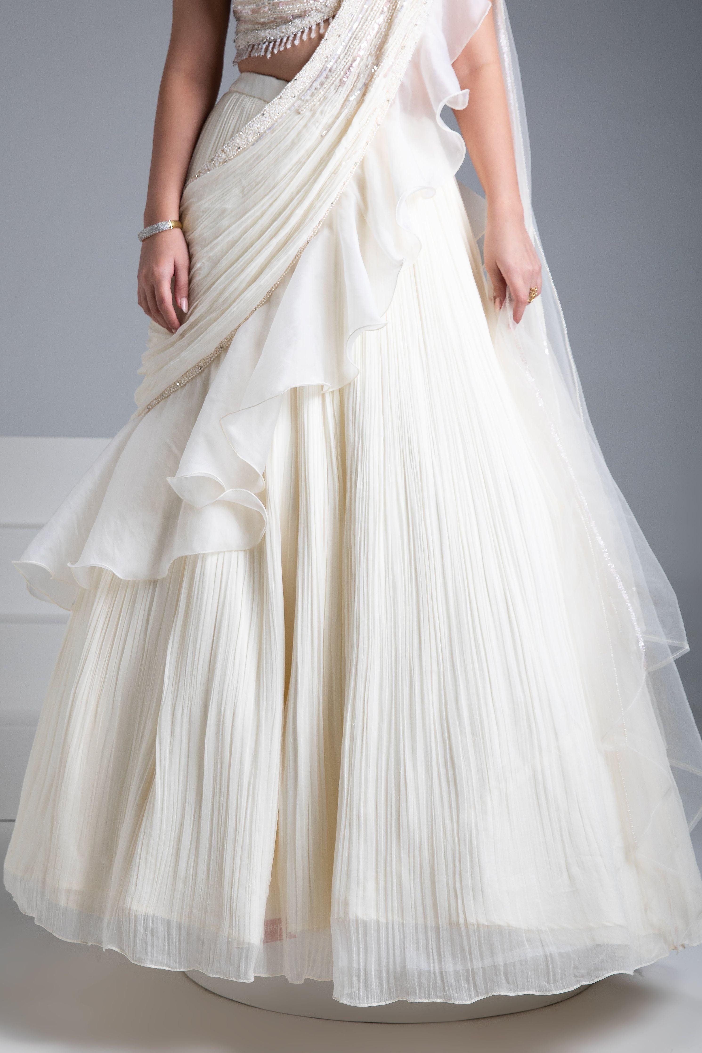 Ivory Georgette Pleated Lehenga Set with Bead and Pearl Embroidered Blouse - Mokshaa