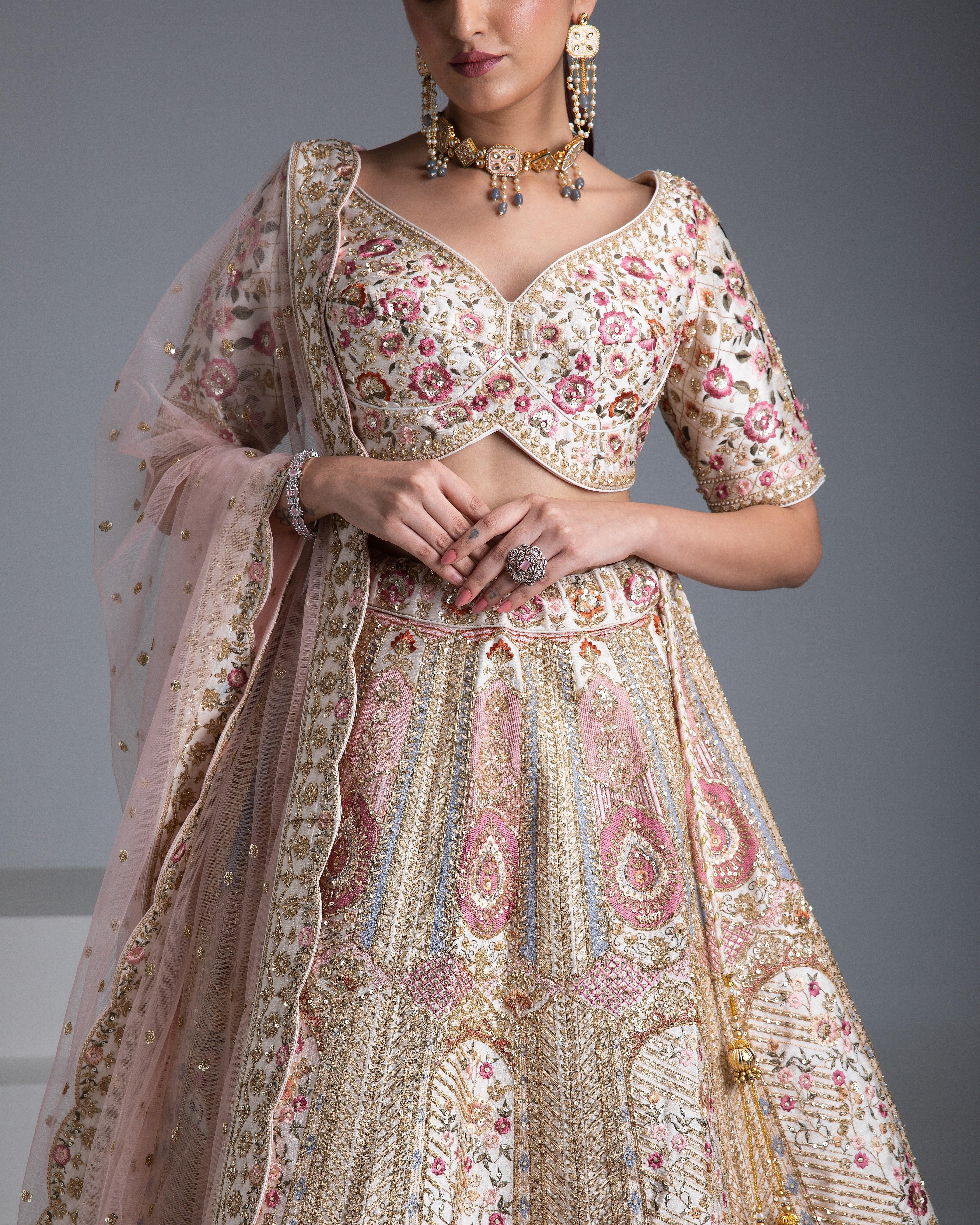 Beige Silk Lehenga with Gold Accents and Blush Pink Dupatta - Mokshaa