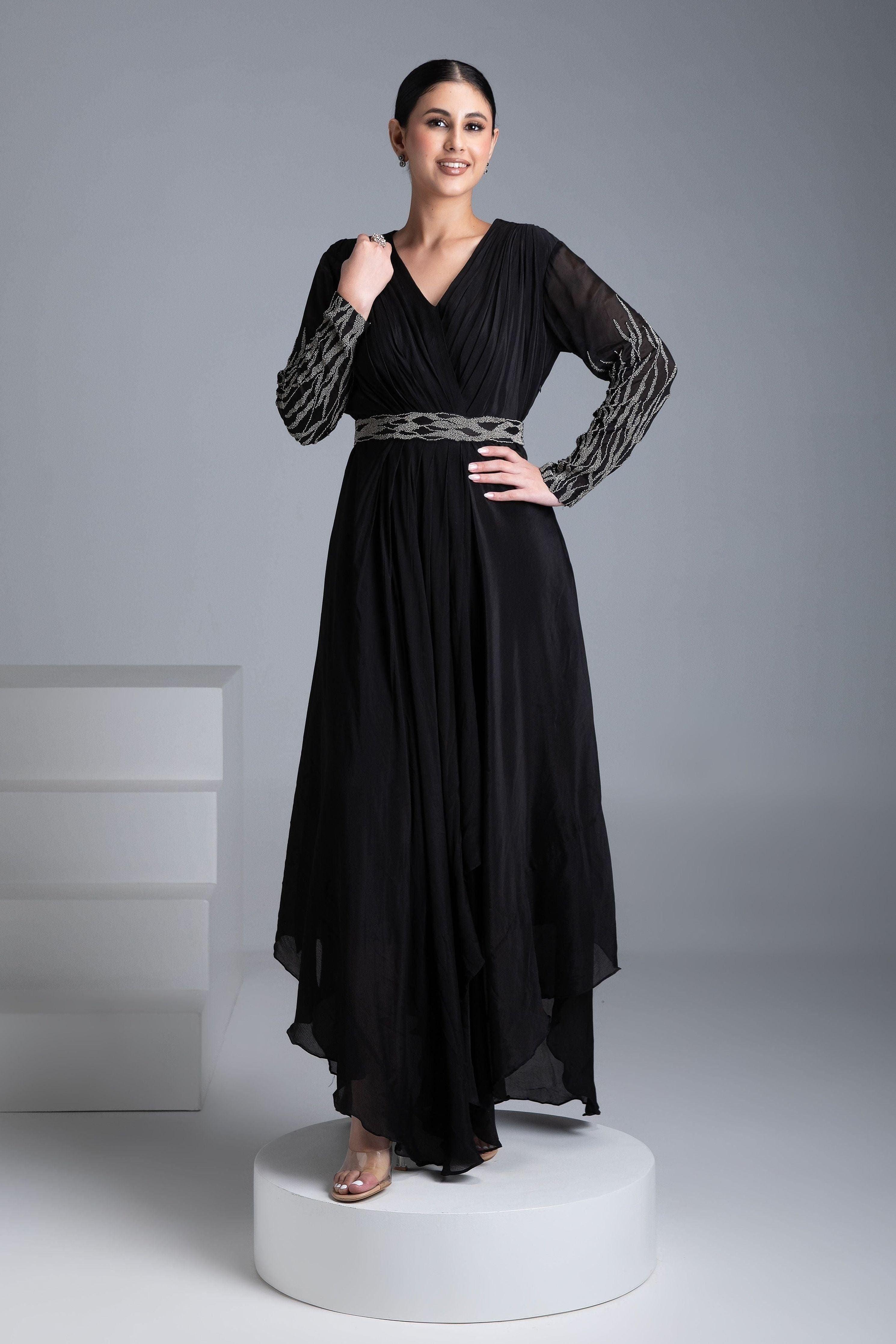 Black Georgette Gown With Silver Embroidery S Black Georgette Gown With Silver Embroidery S