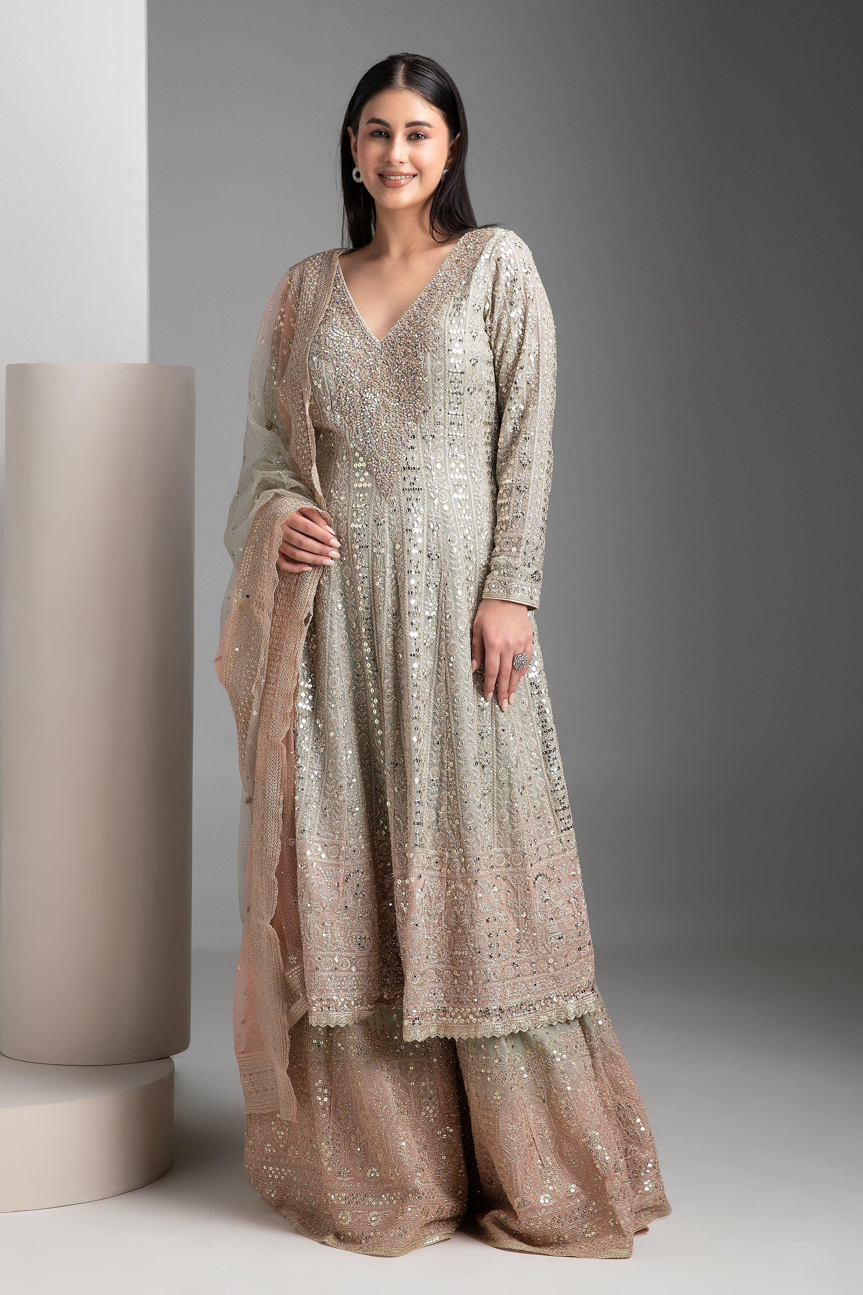 Warm Grey Shaded Short Anarkali with Gharara Set - Mokshaa