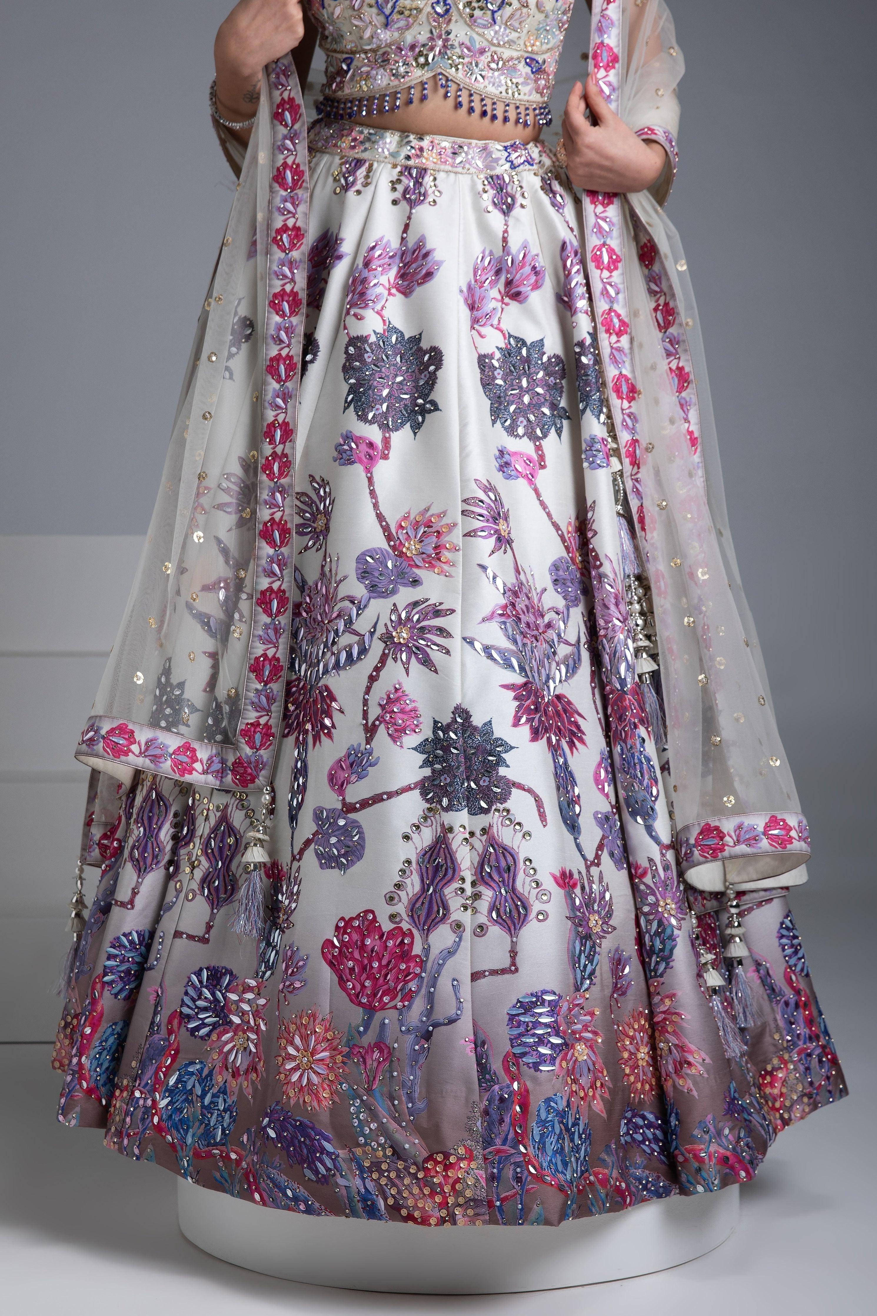 Ivory Silk Lehenga with Multicolor Floral Embroidery and Net Dupatta - Mokshaa