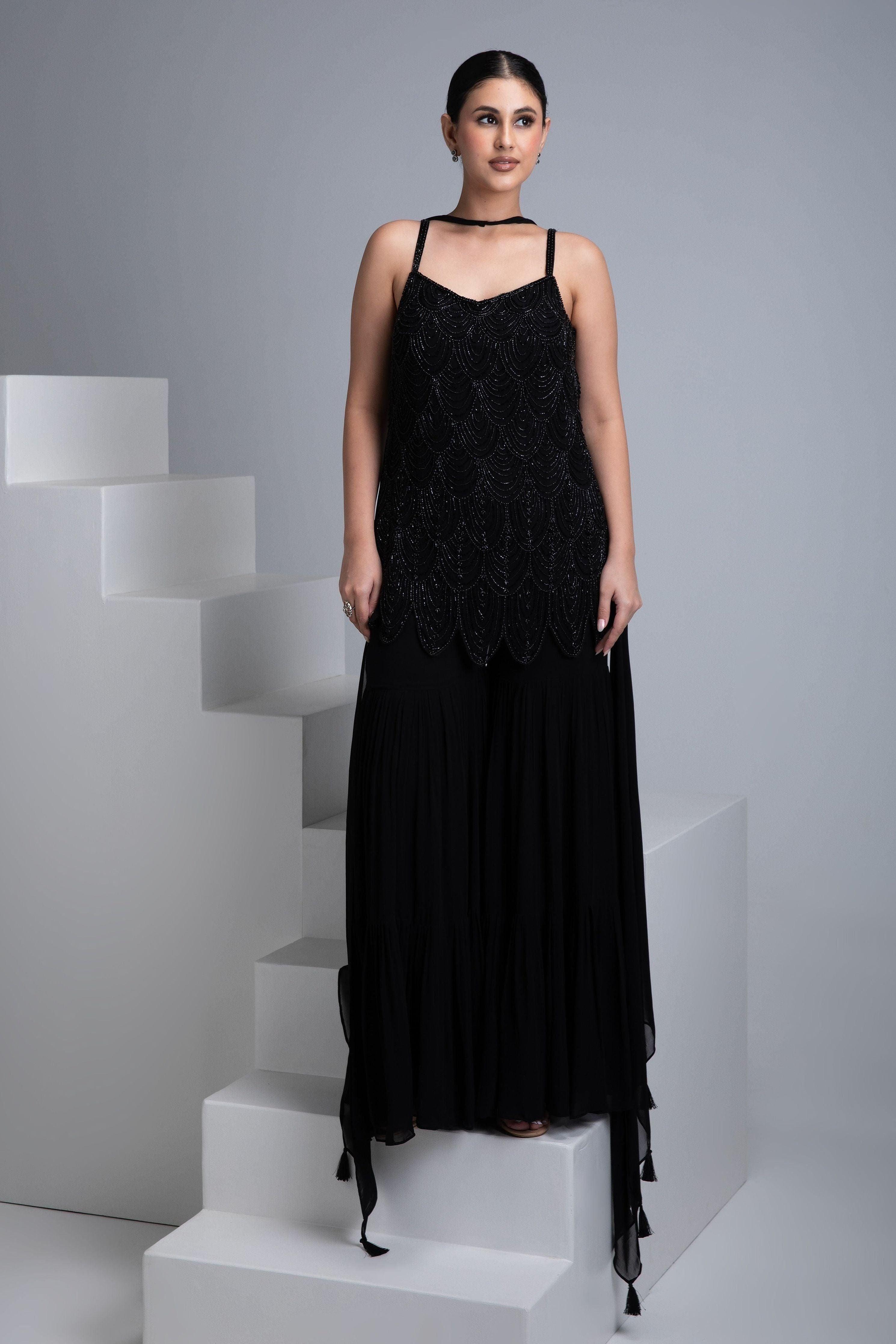 Black Georgette Sharara Set - Mokshaa