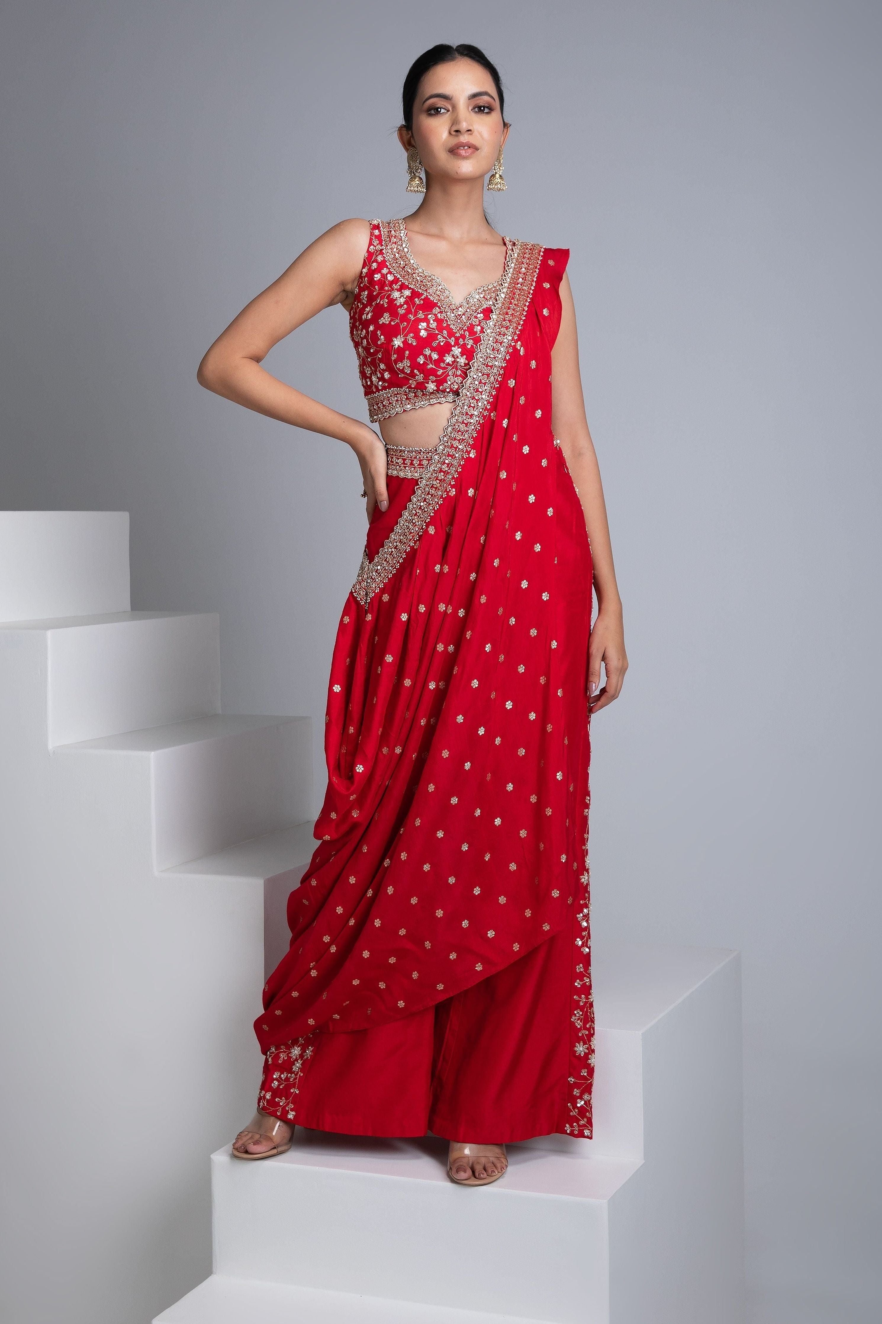 Scarlet Red Draped Saree Set - Mokshaa