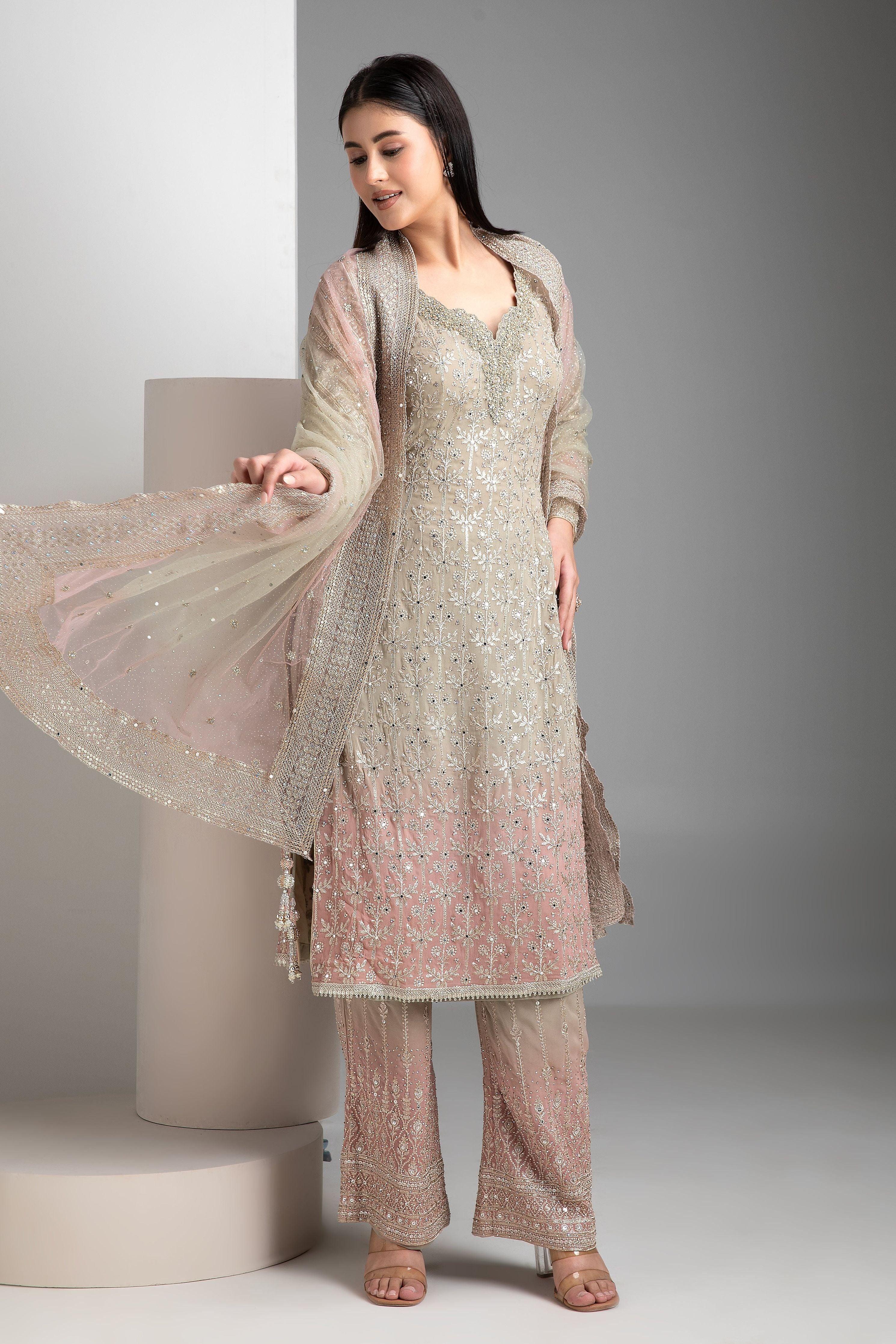 Warm Grey Shaded Straight Kurta Set - Mokshaa