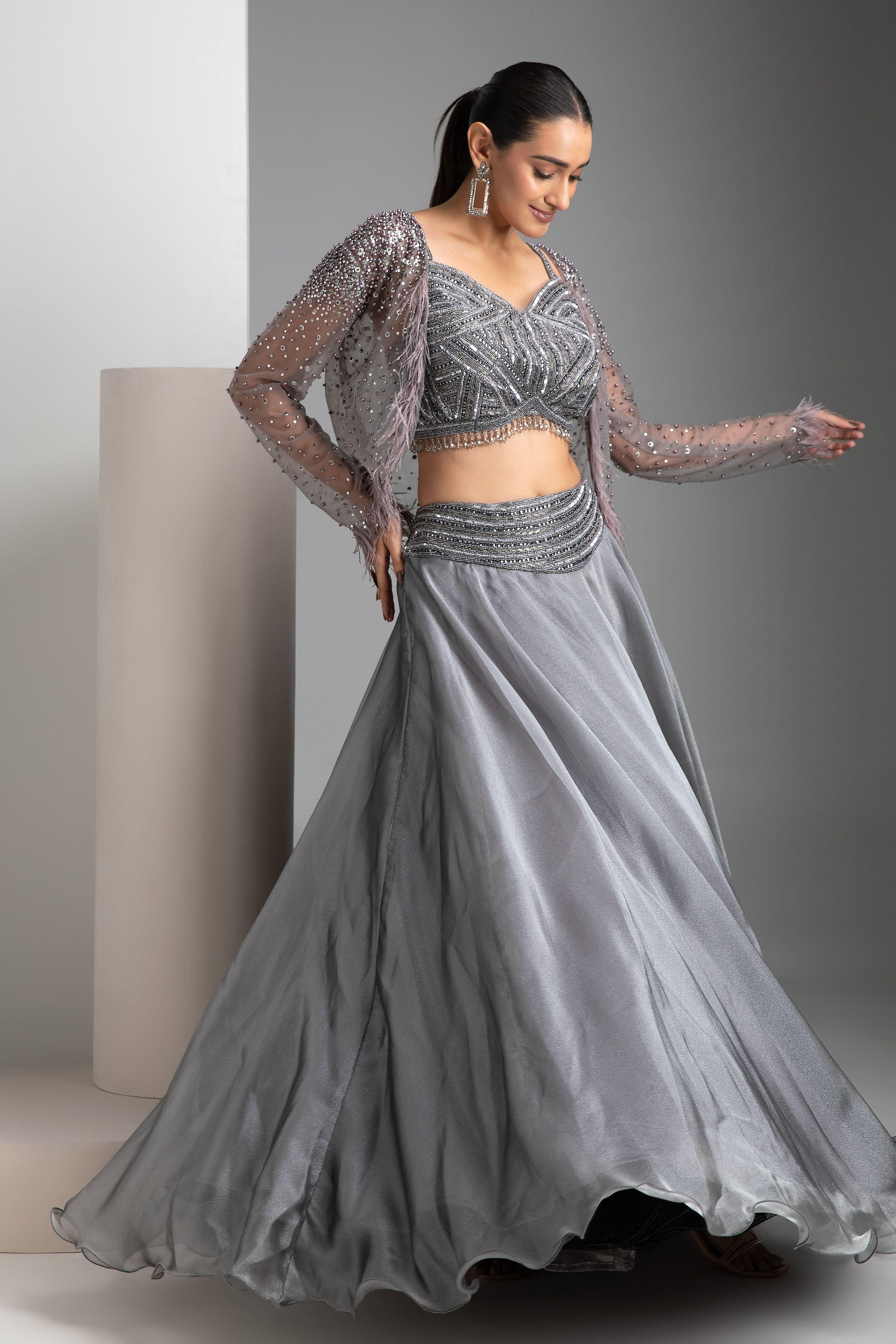 Grey Organza Lehenga Set - Mokshaa