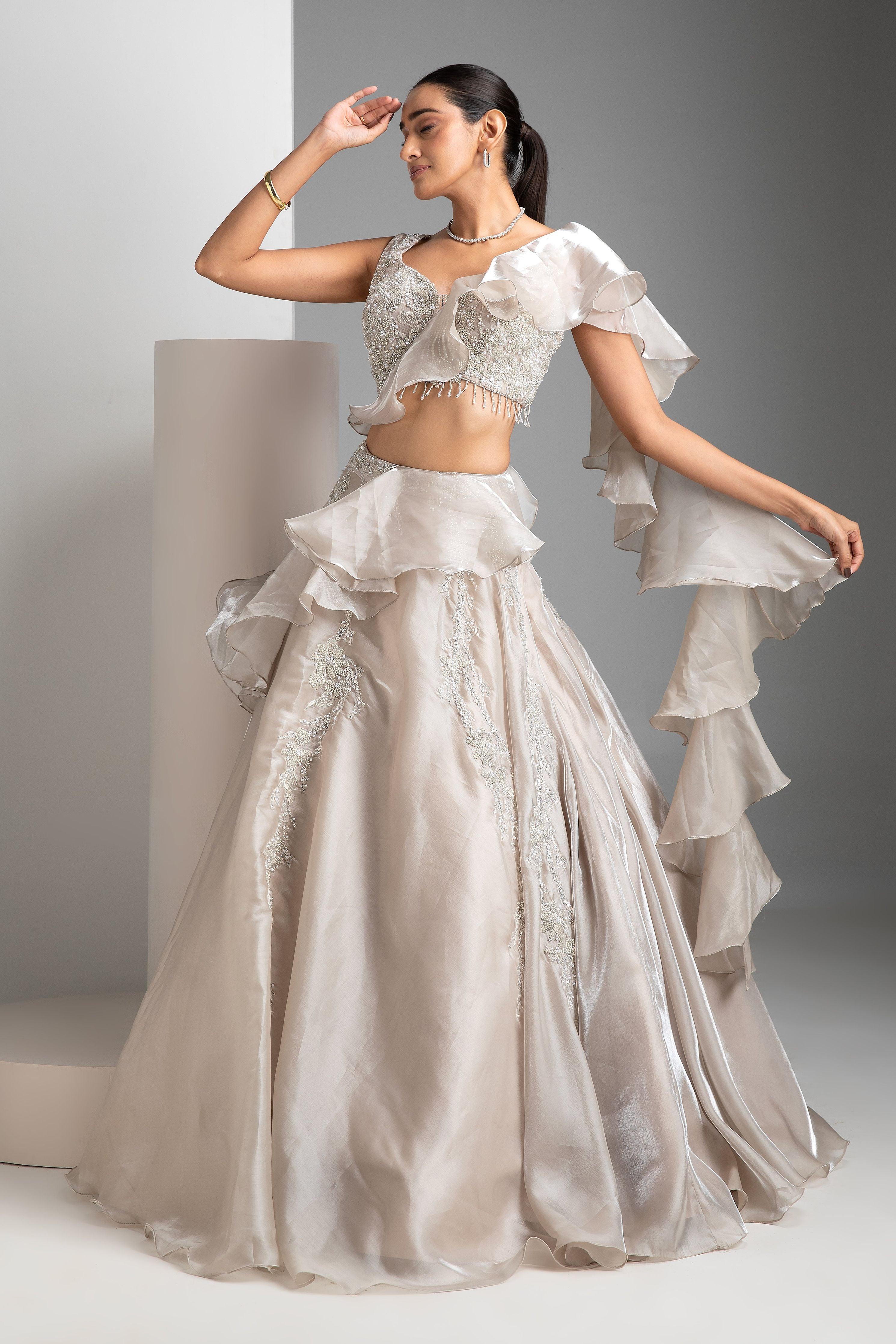 Bone Grey Glass Tissue Lehenga - Mokshaa