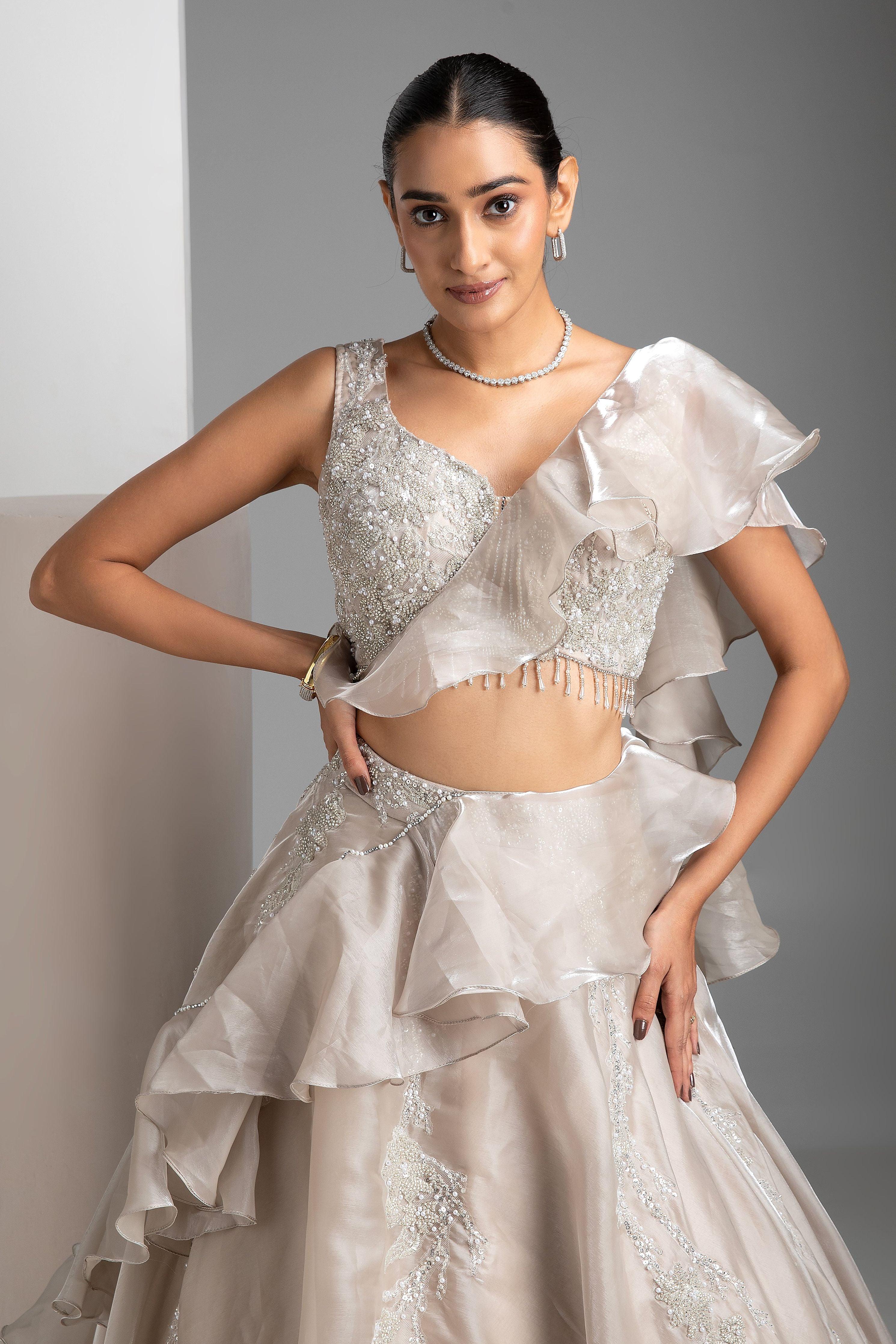 Bone Grey Glass Tissue Lehenga - Mokshaa