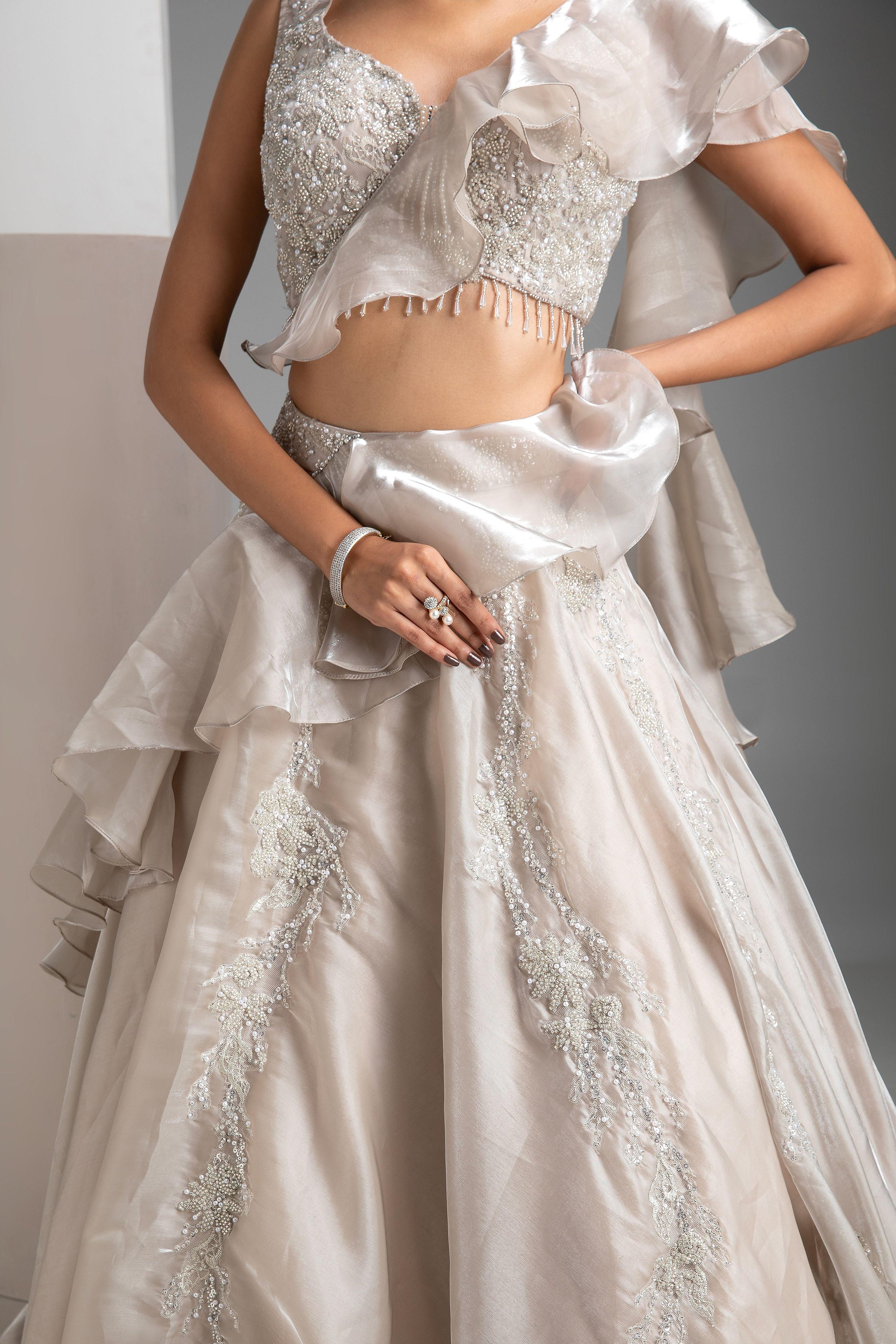 Bone Grey Glass Tissue Lehenga - Mokshaa