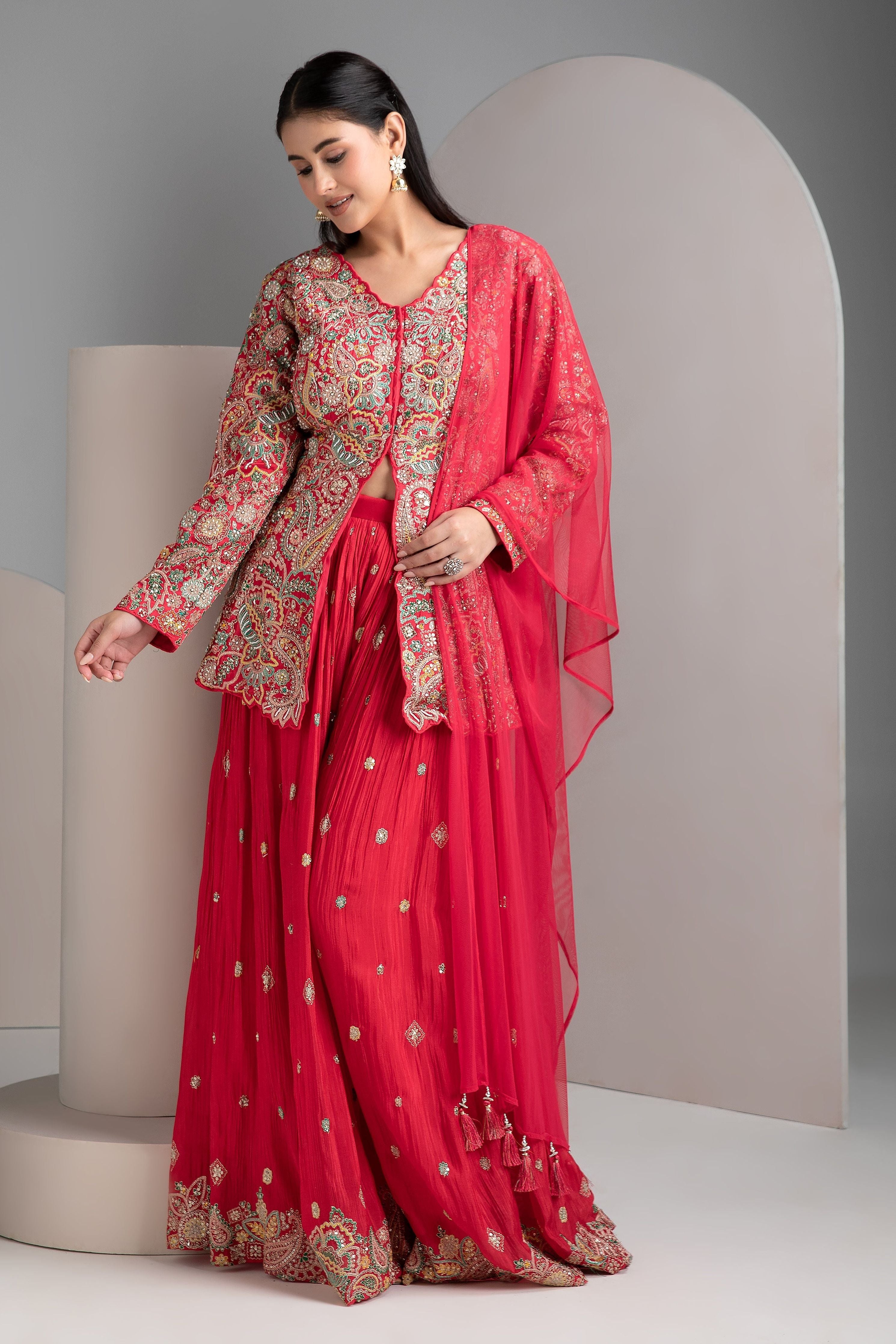 Cherry Red Silk Indo-Western - Mokshaa