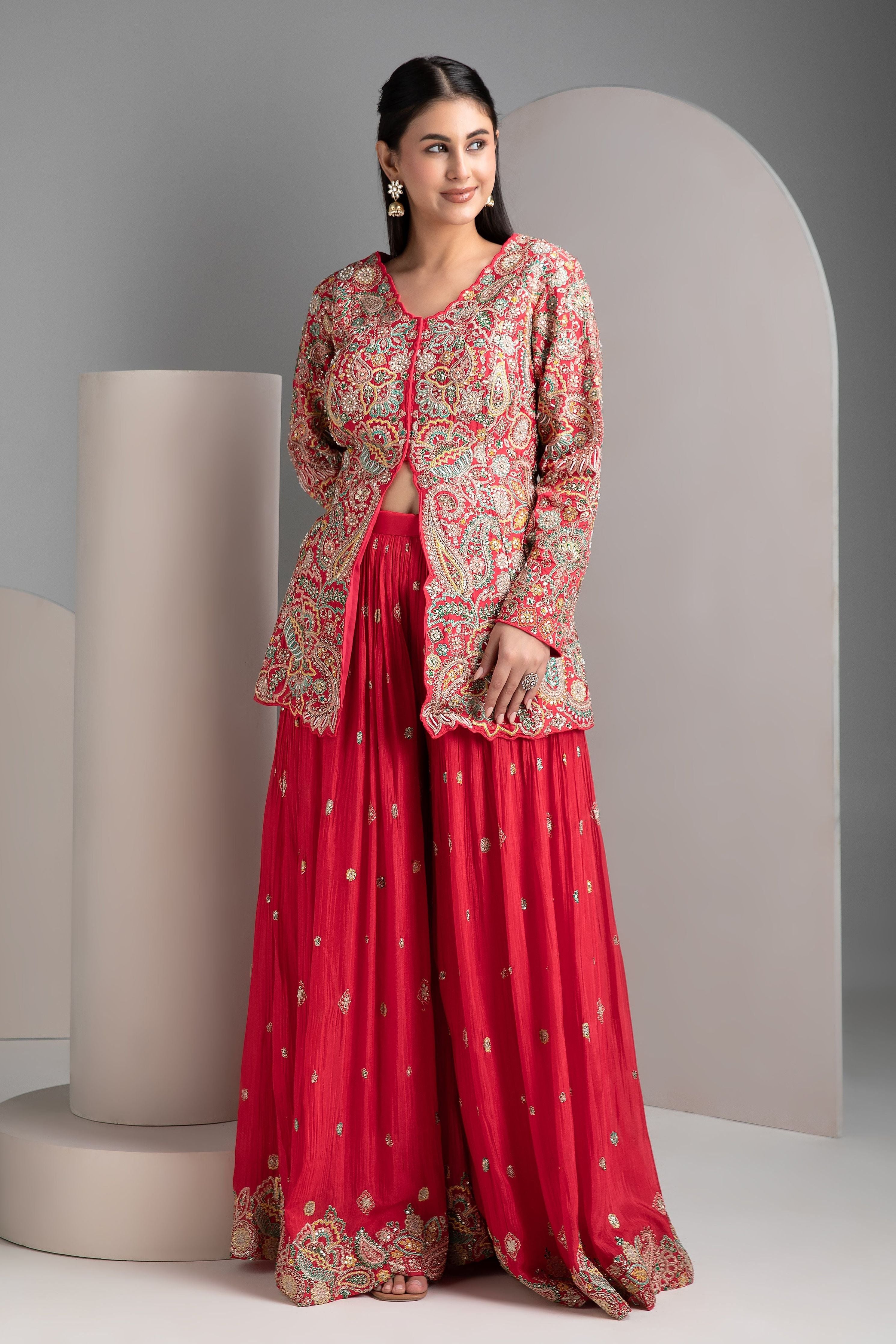 Cherry Red Silk Indo-Western - Mokshaa