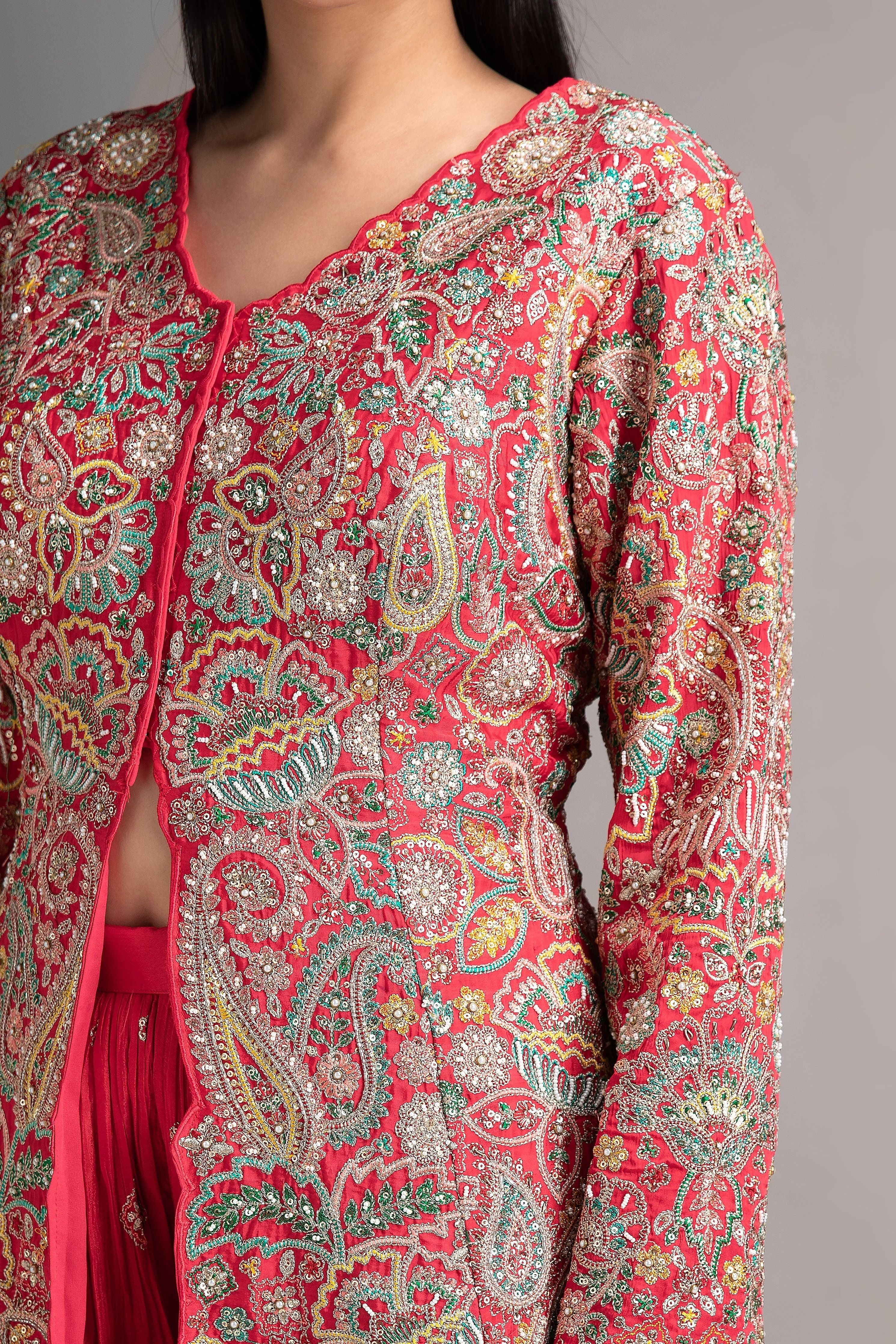 Cherry Red Silk Indo-Western - Mokshaa