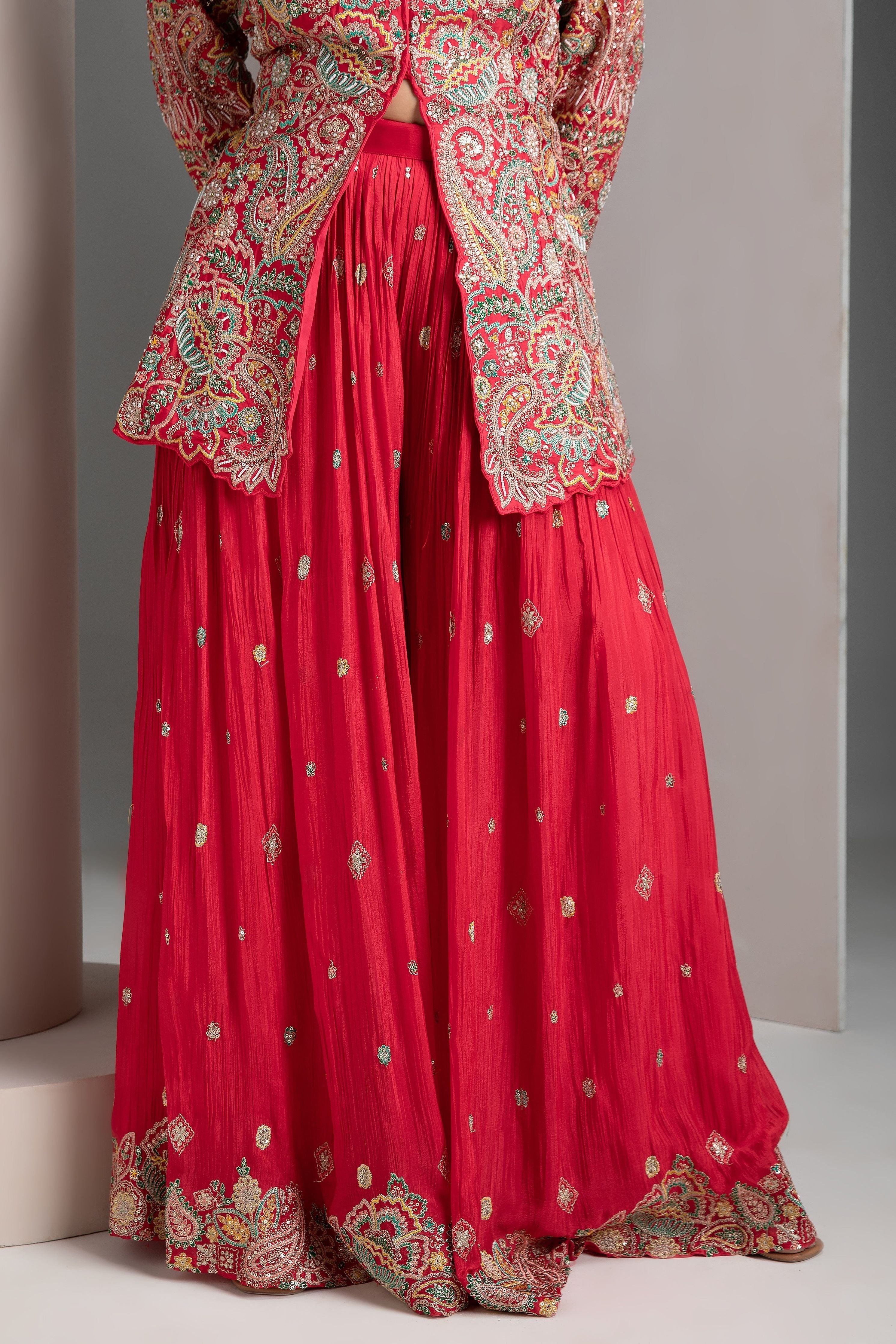 Cherry Red Silk Indo-Western - Mokshaa