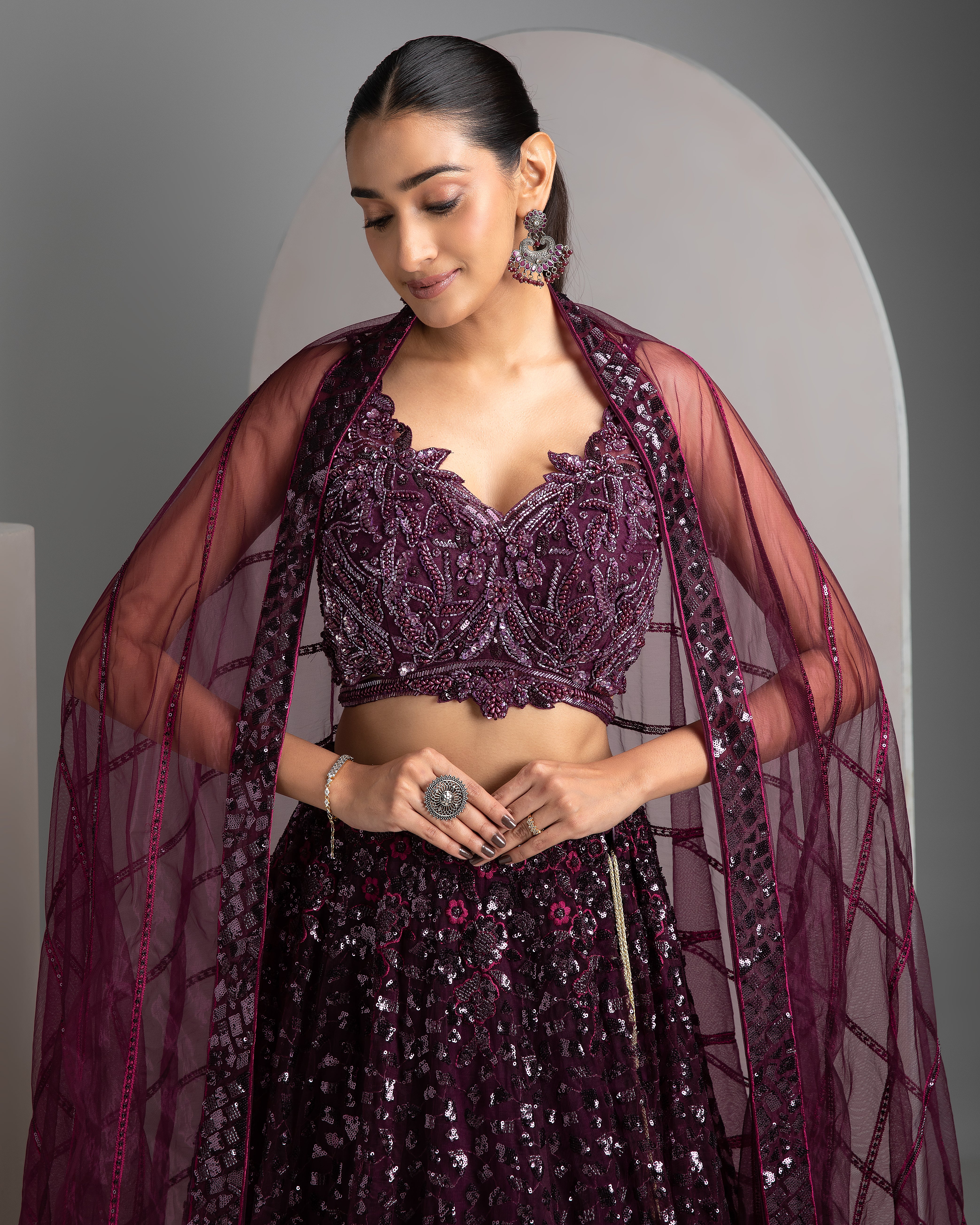 Wine Net Lehenga - Mokshaa