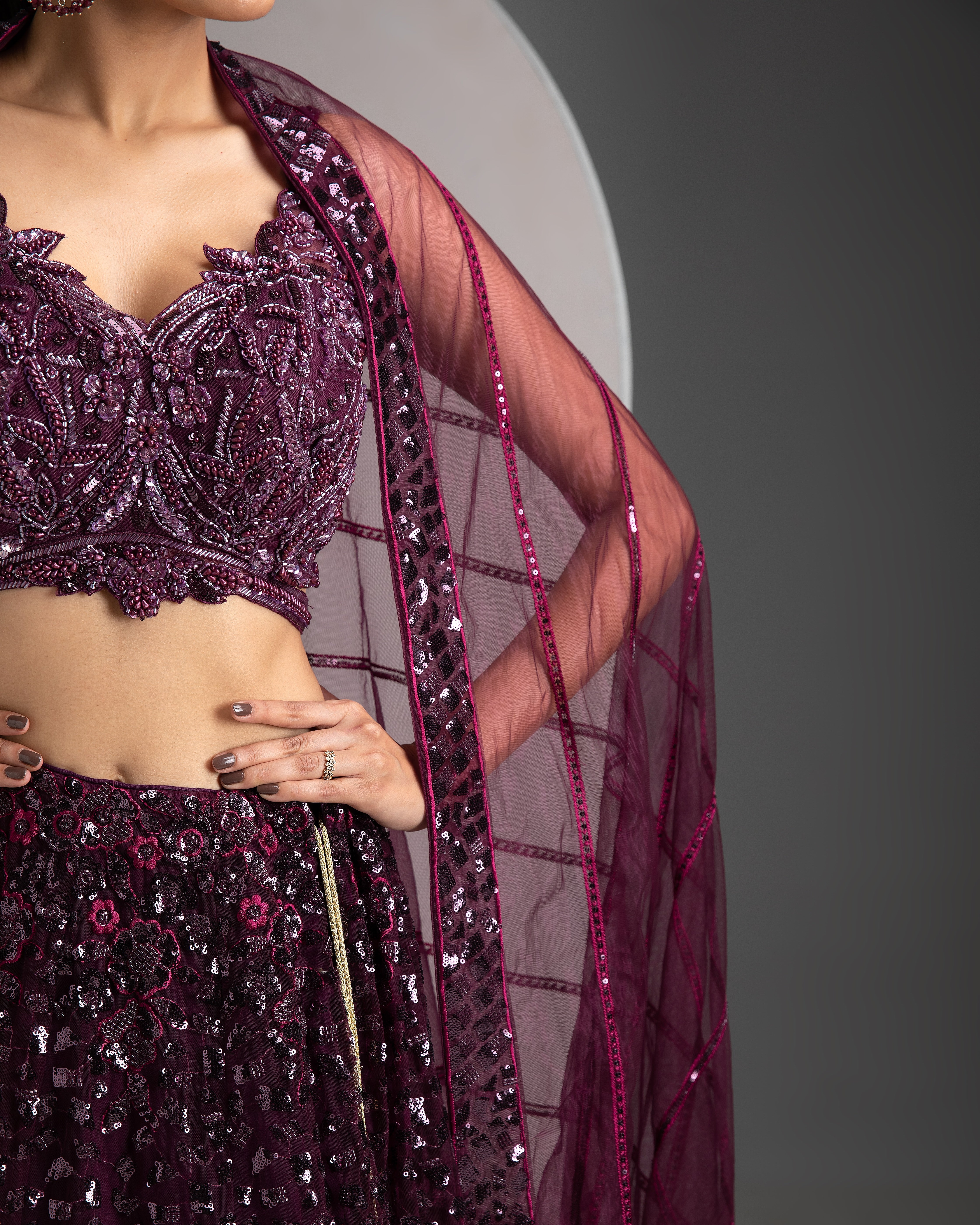 Wine Net Lehenga - Mokshaa