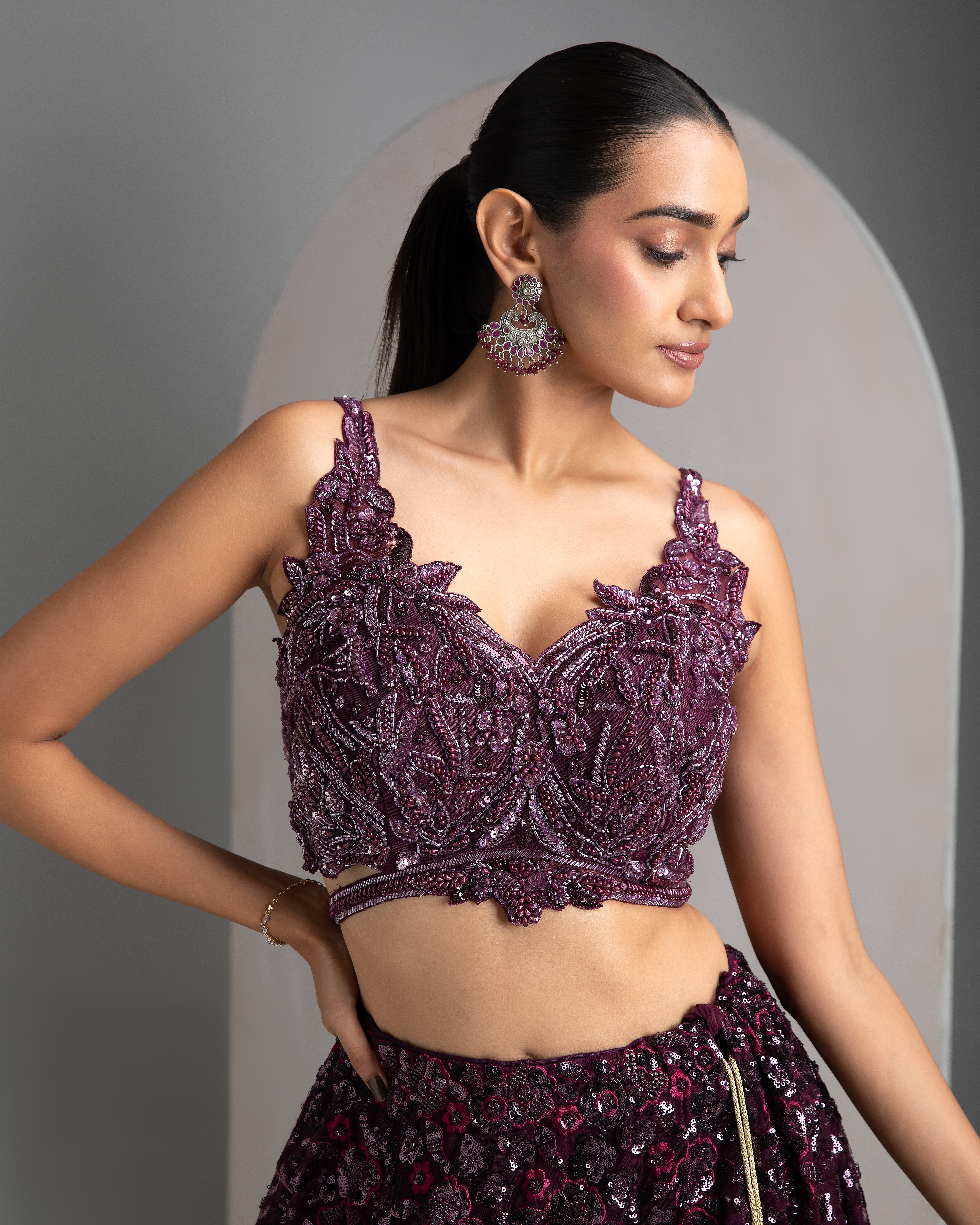 Wine Net Lehenga - Mokshaa