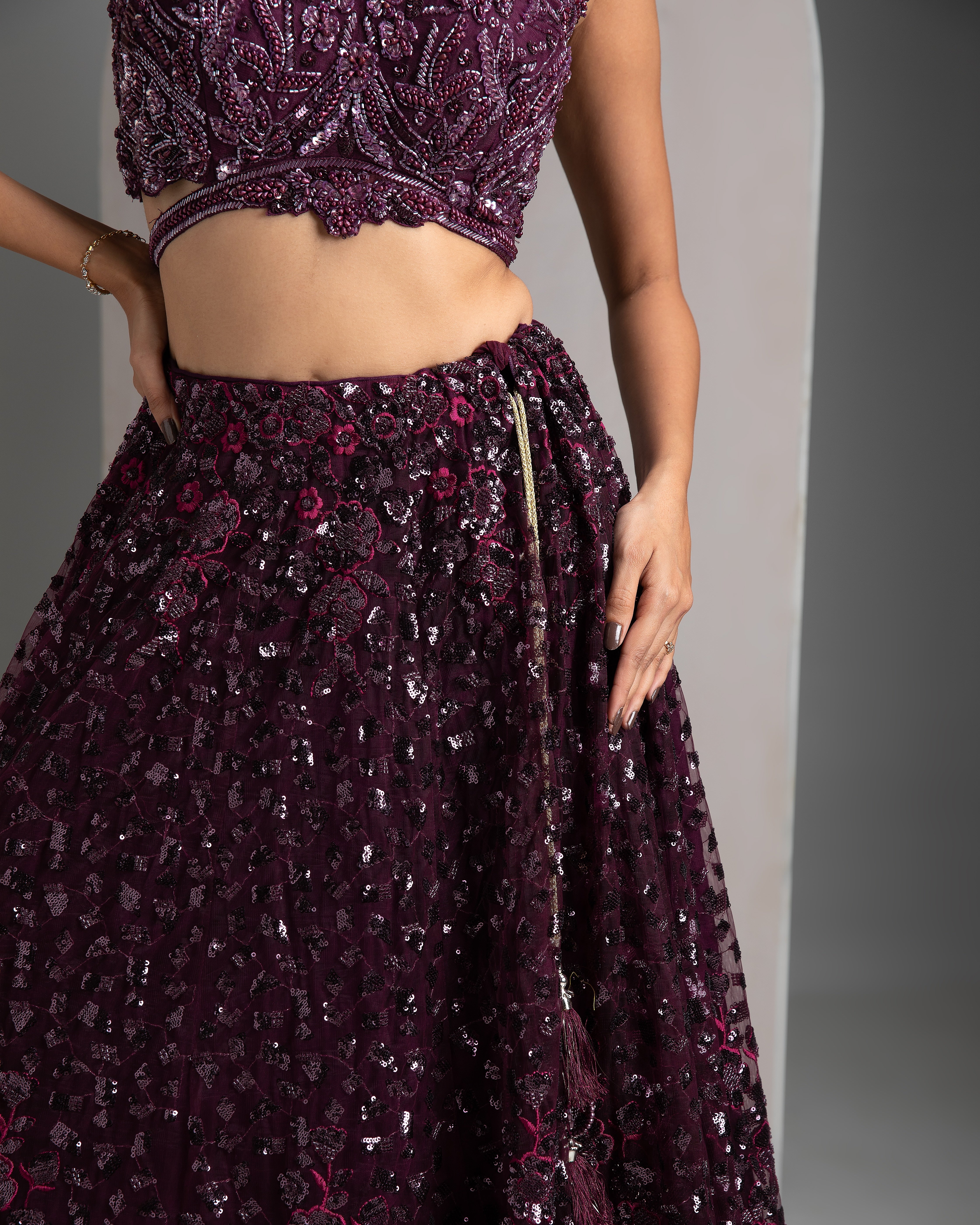 Wine Net Lehenga - Mokshaa