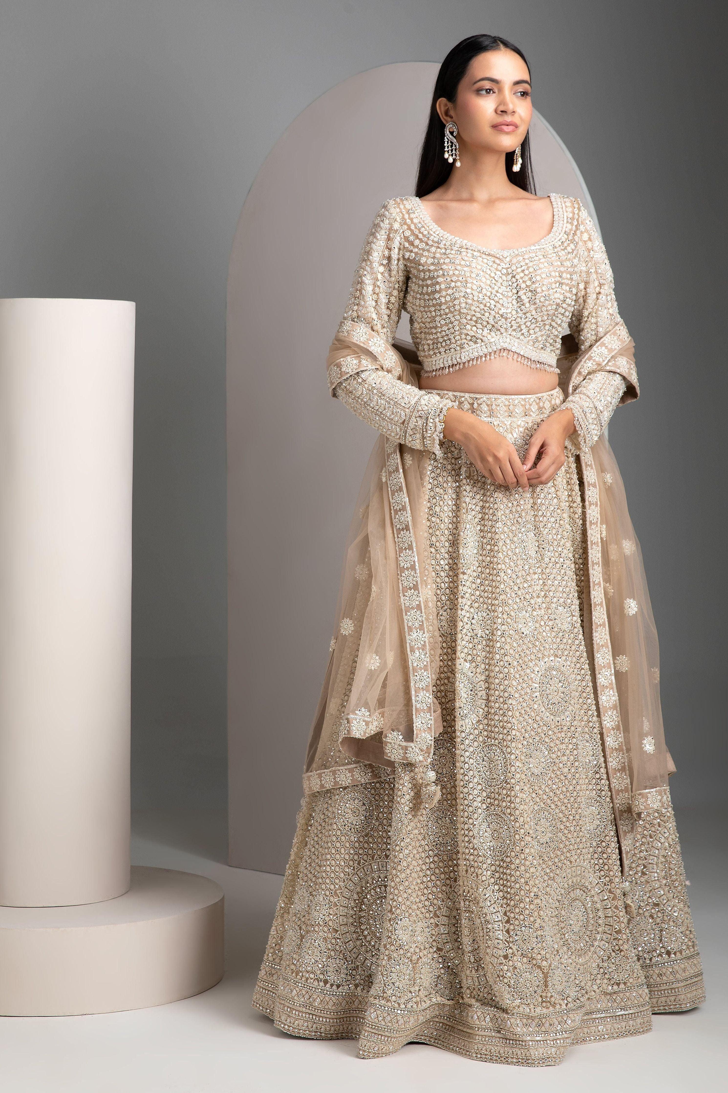 Beige Gold Net Lehenga Set - Mokshaa