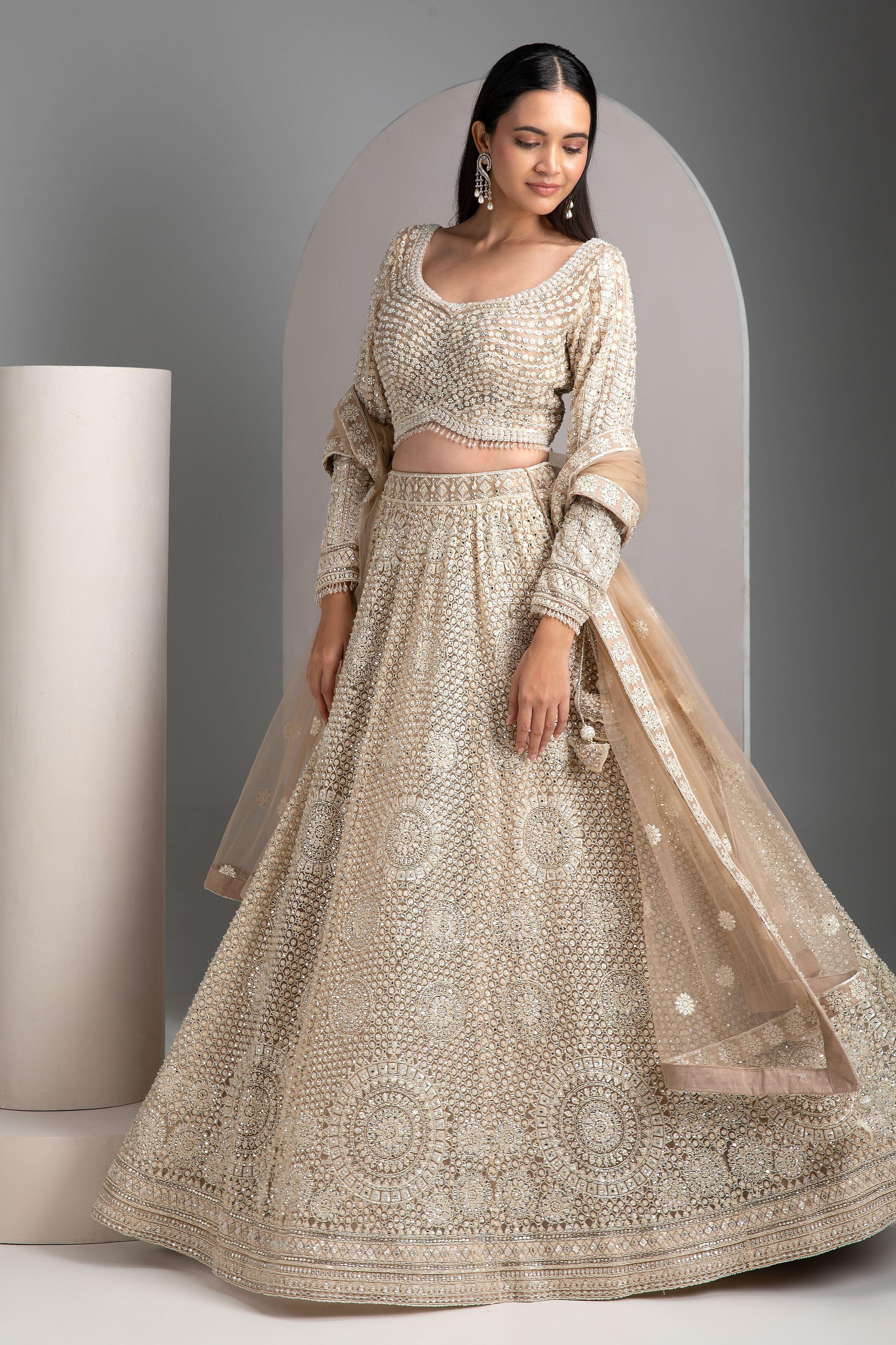 Beige Gold Net Lehenga Set - Mokshaa