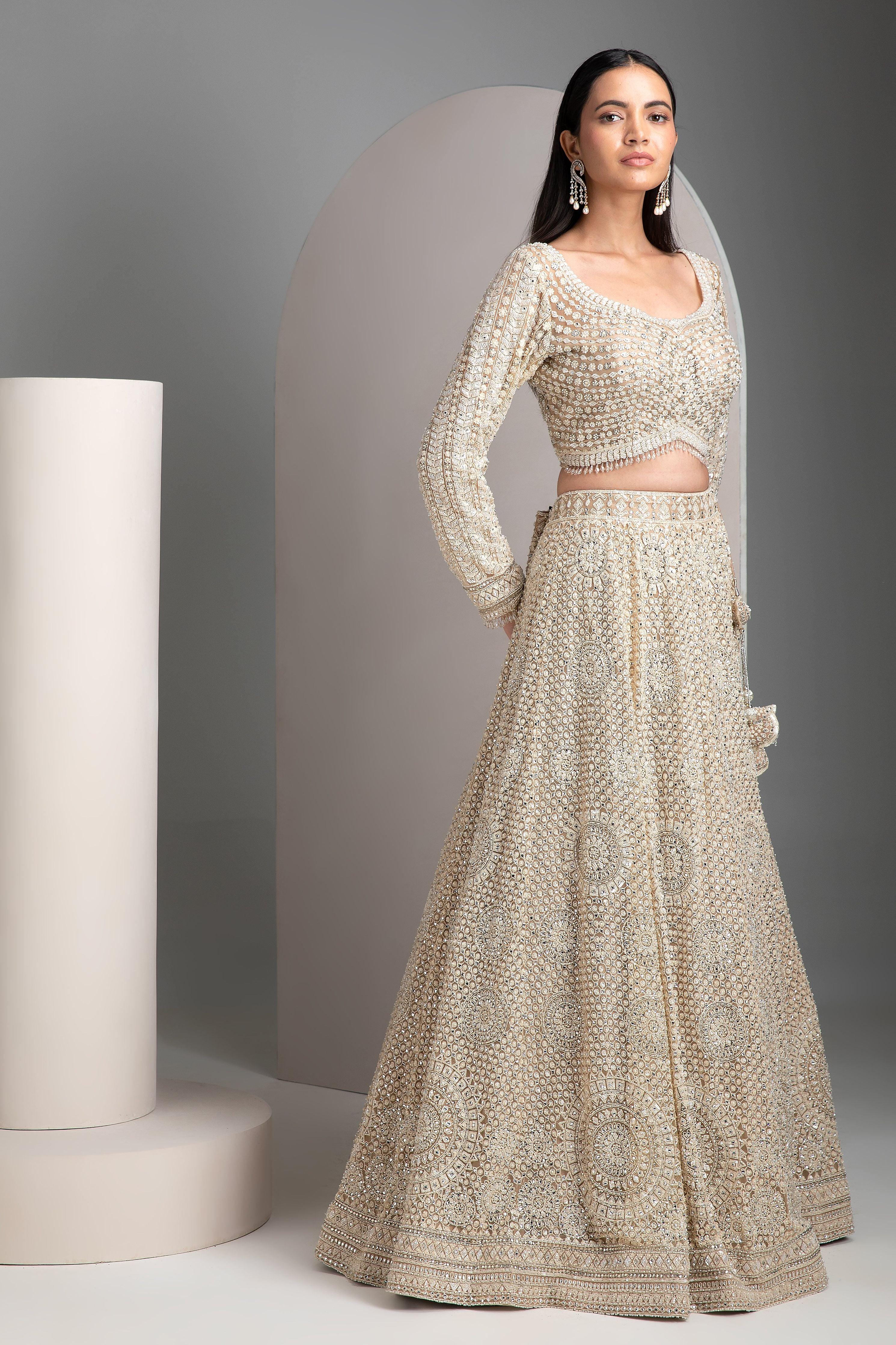 Beige Gold Net Lehenga Set - Mokshaa