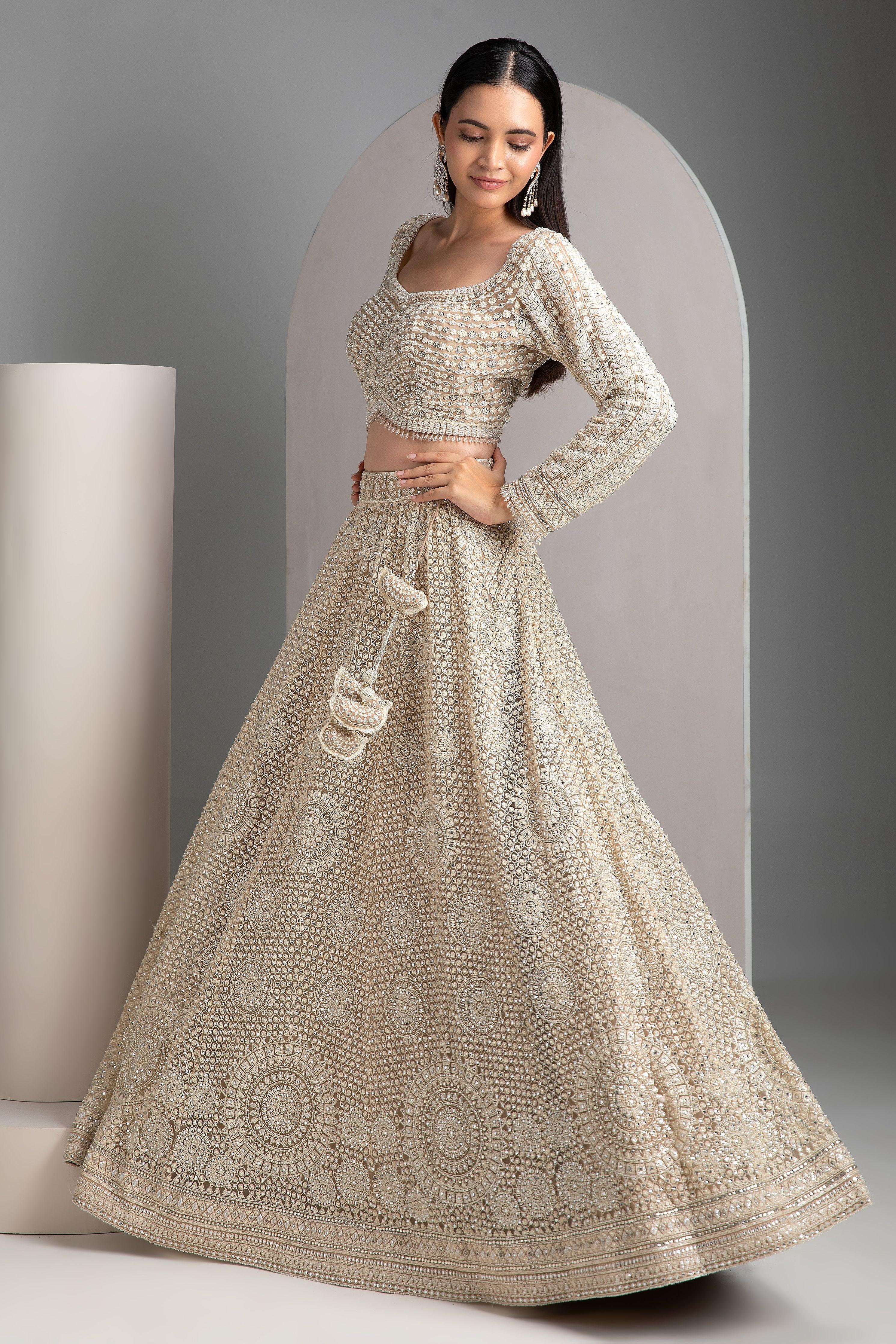 Beige Gold Net Lehenga Set - Mokshaa