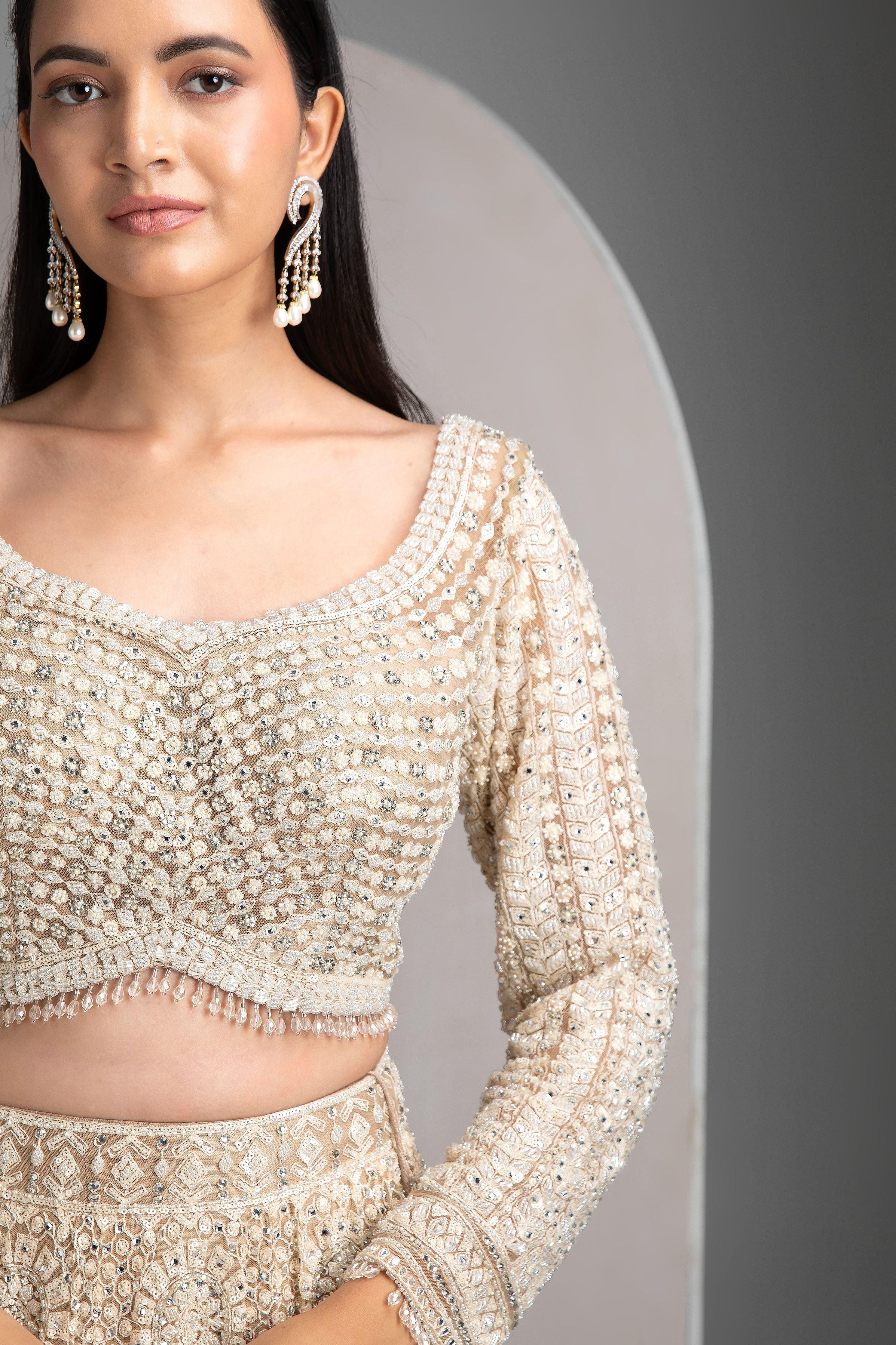 Beige Gold Net Lehenga Set - Mokshaa