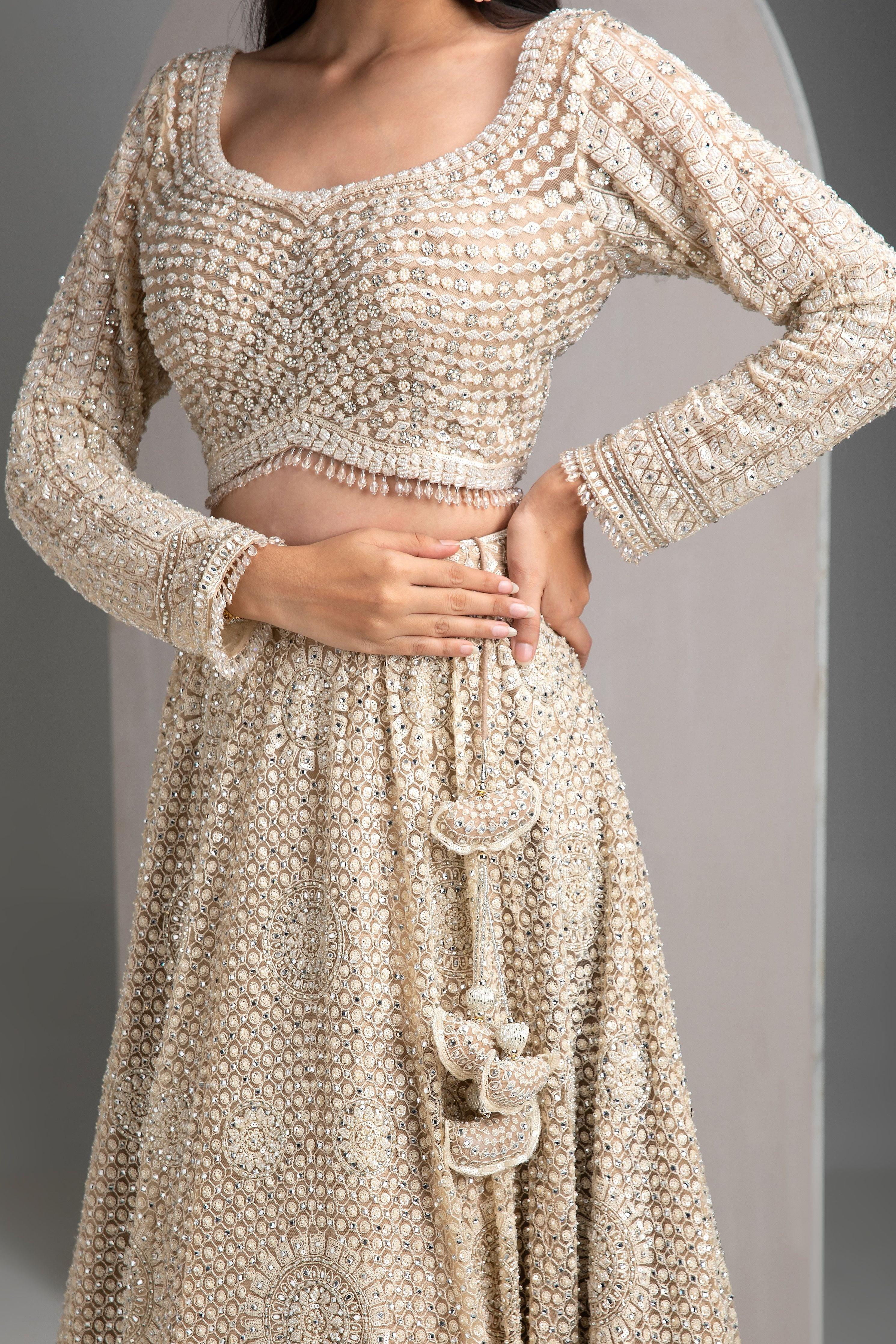 Beige Gold Net Lehenga Set - Mokshaa