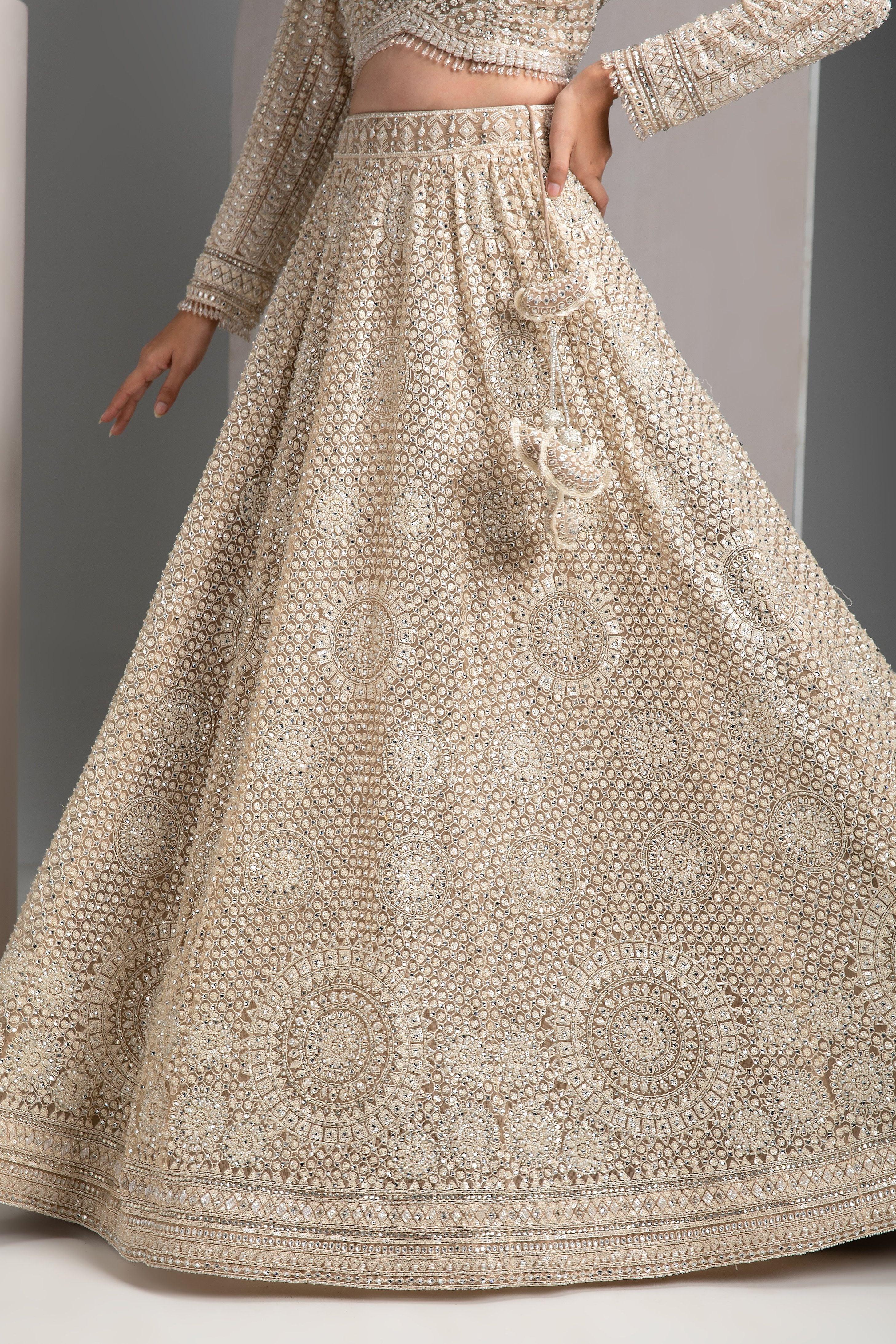 Beige Gold Net Lehenga Set - Mokshaa