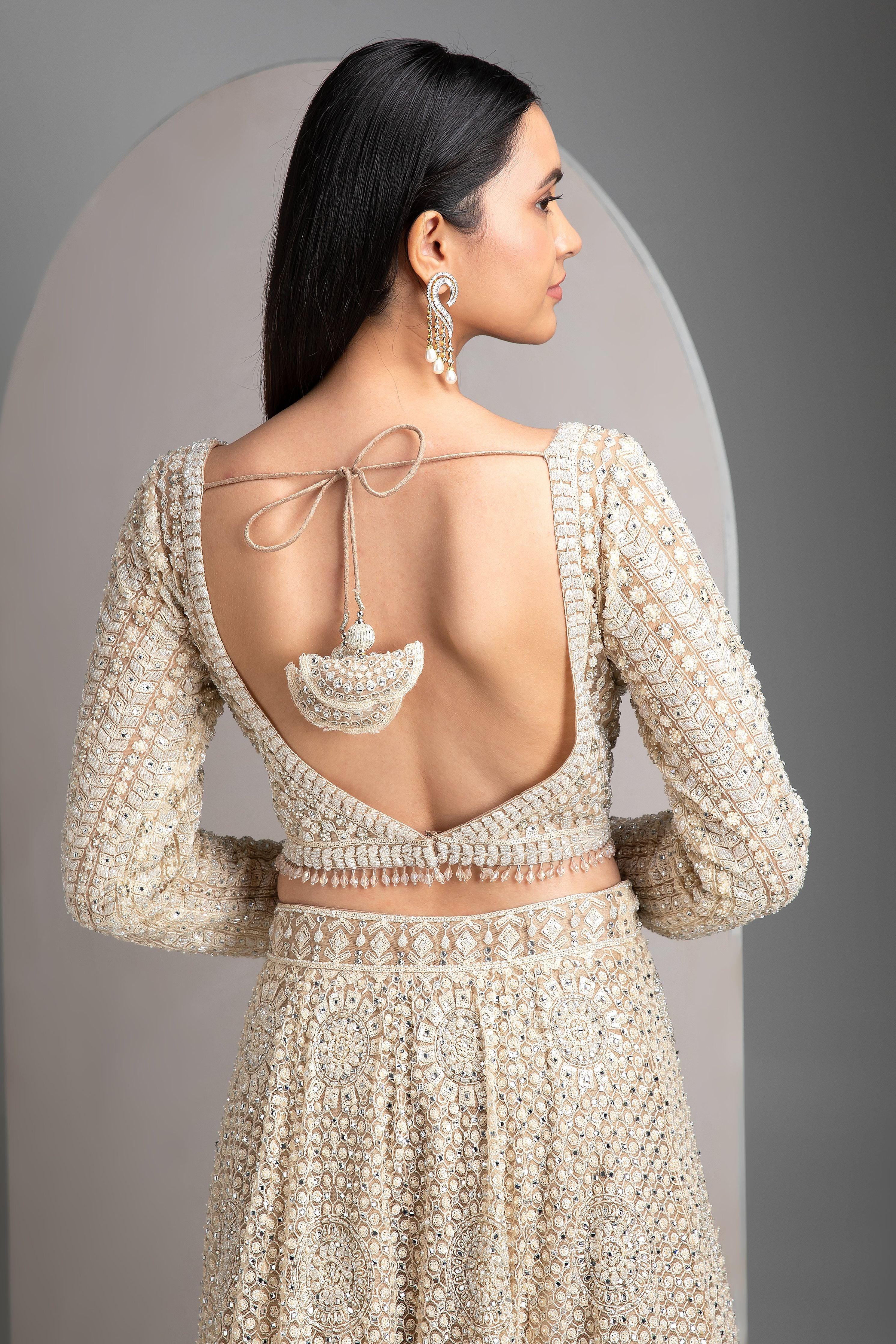 Beige Gold Net Lehenga Set - Mokshaa