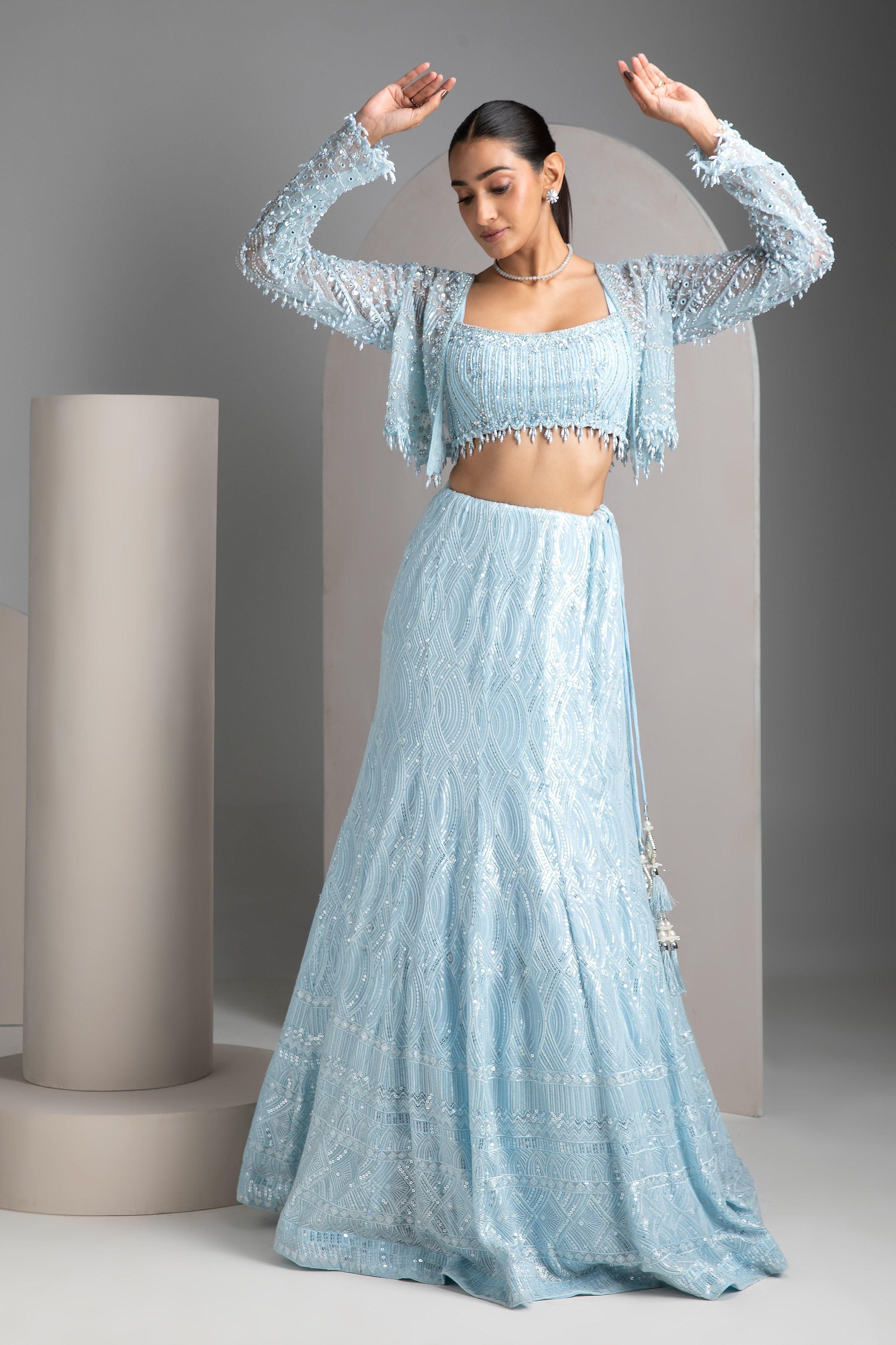 Icy Blue Mermaid Cut Lehenga Set - Mokshaa