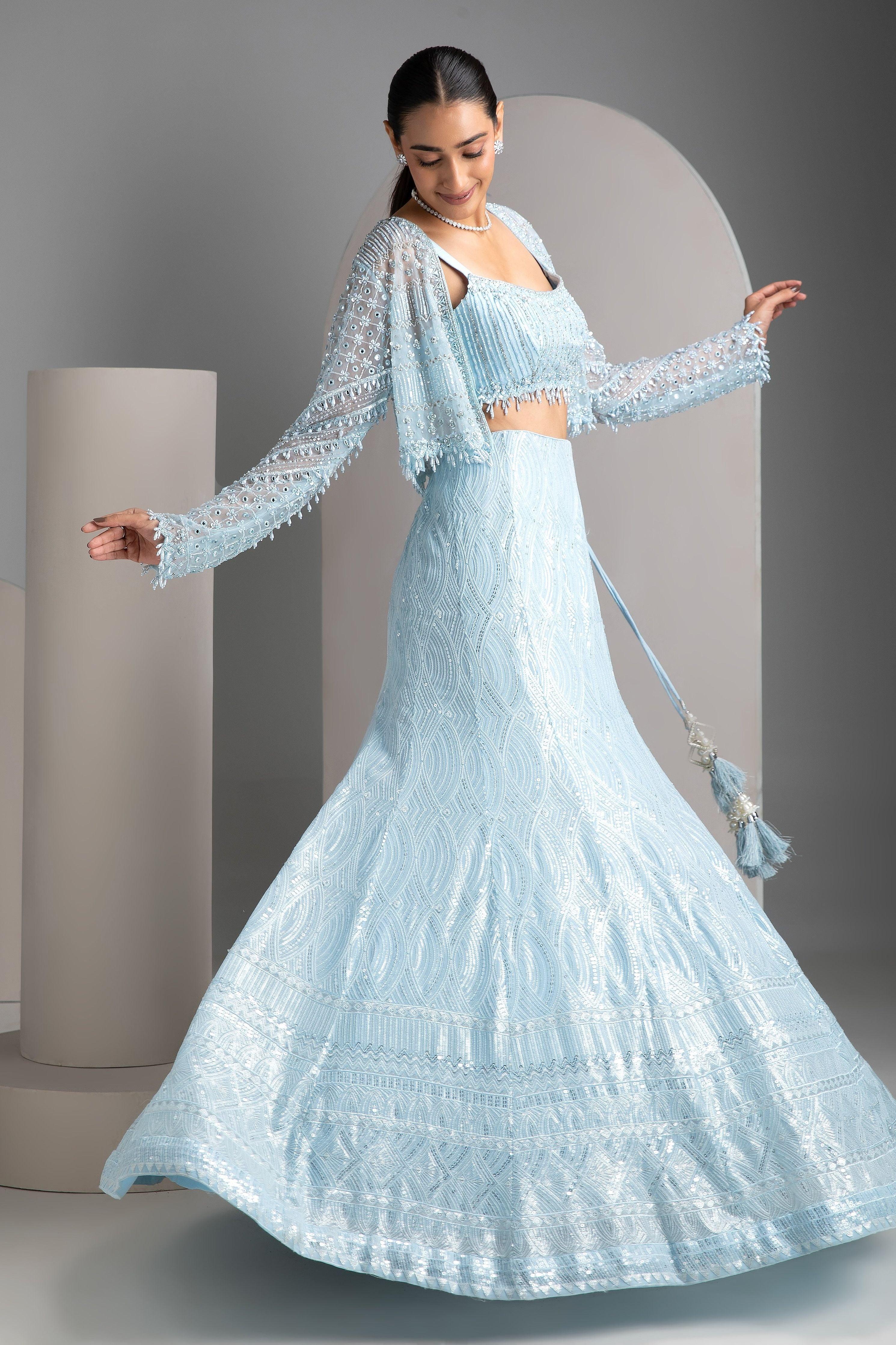 Icy Blue Mermaid Cut Lehenga Set - Mokshaa