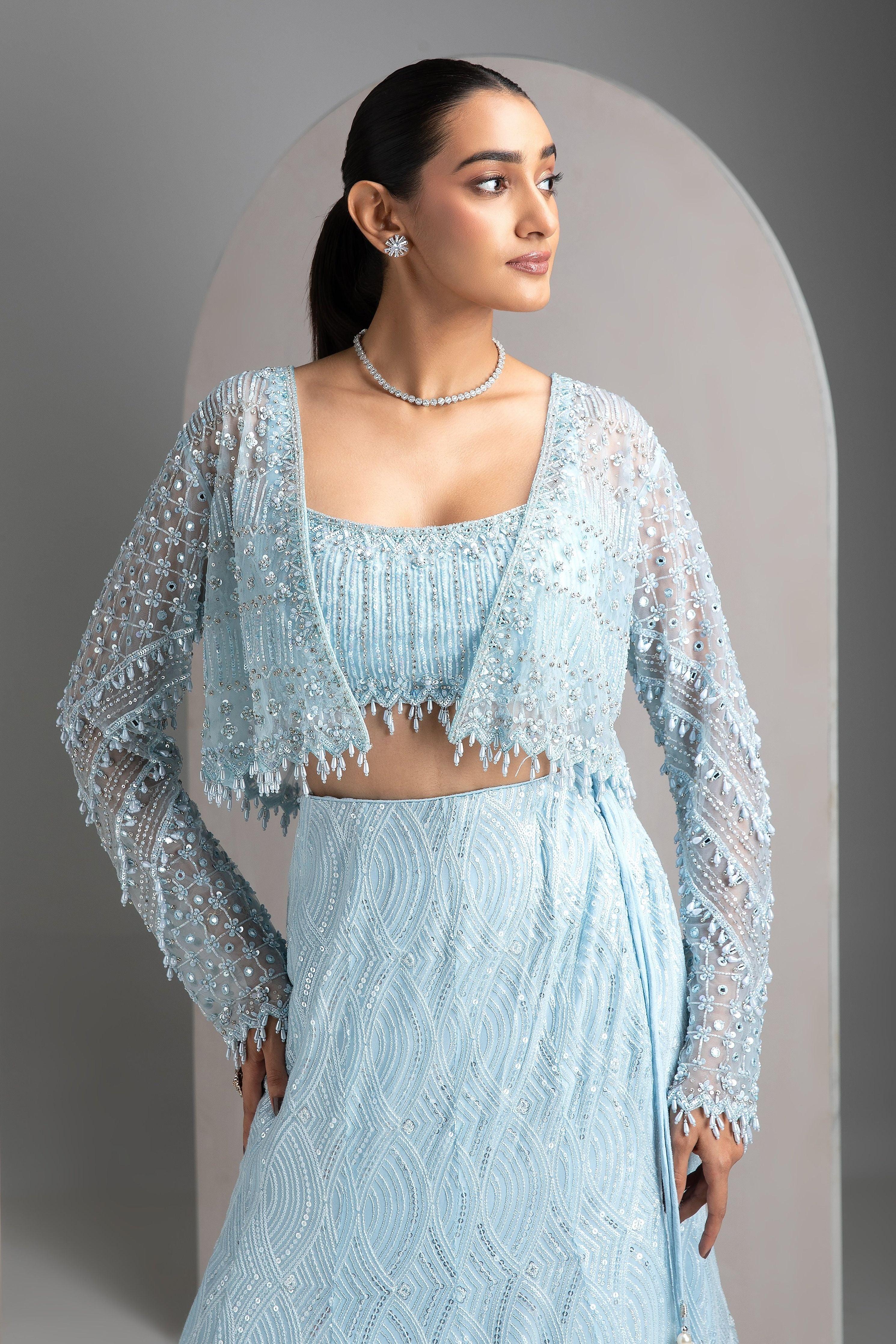 Icy Blue Mermaid Cut Lehenga Set - Mokshaa
