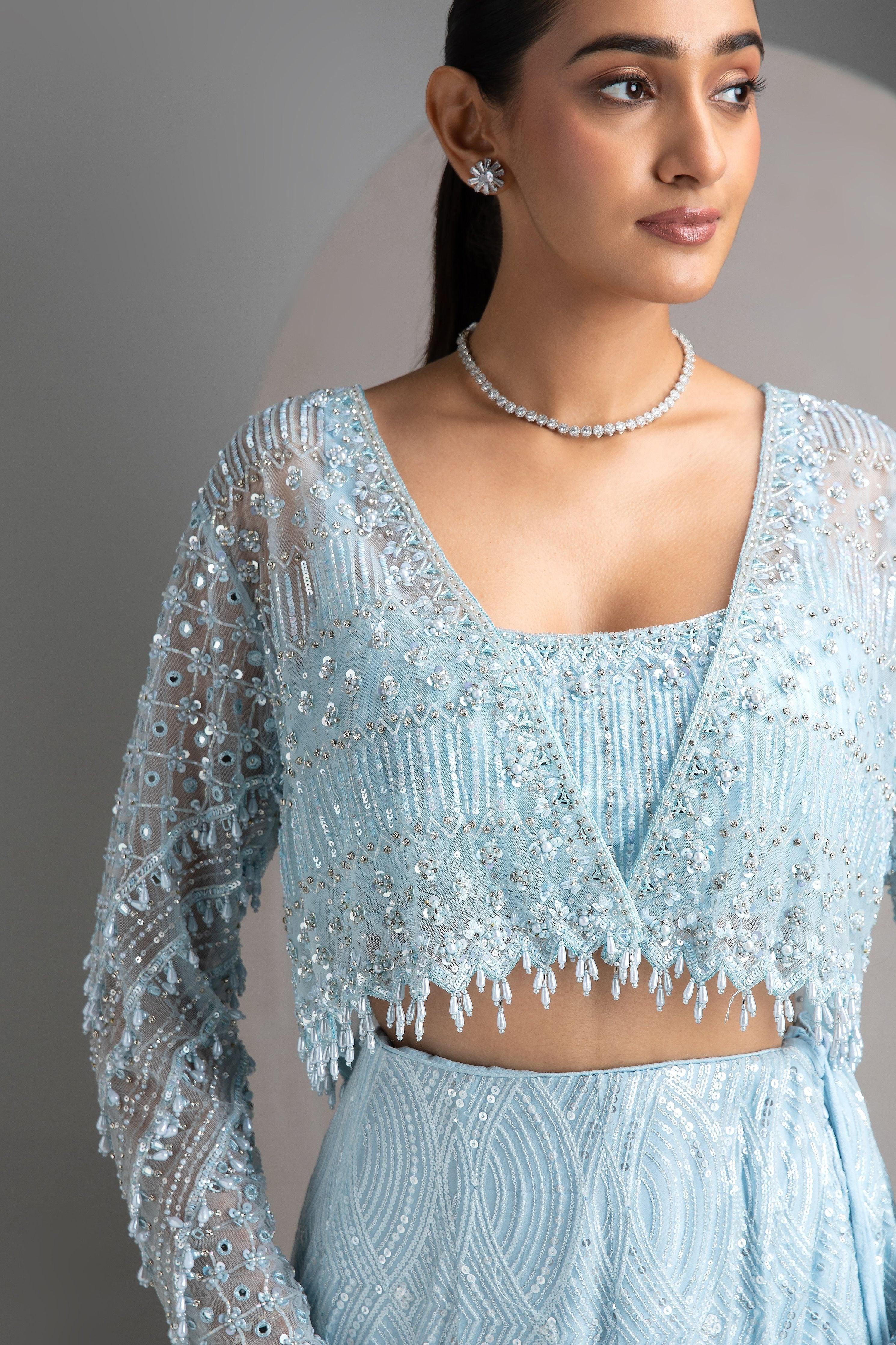 Icy Blue Mermaid Cut Lehenga Set - Mokshaa