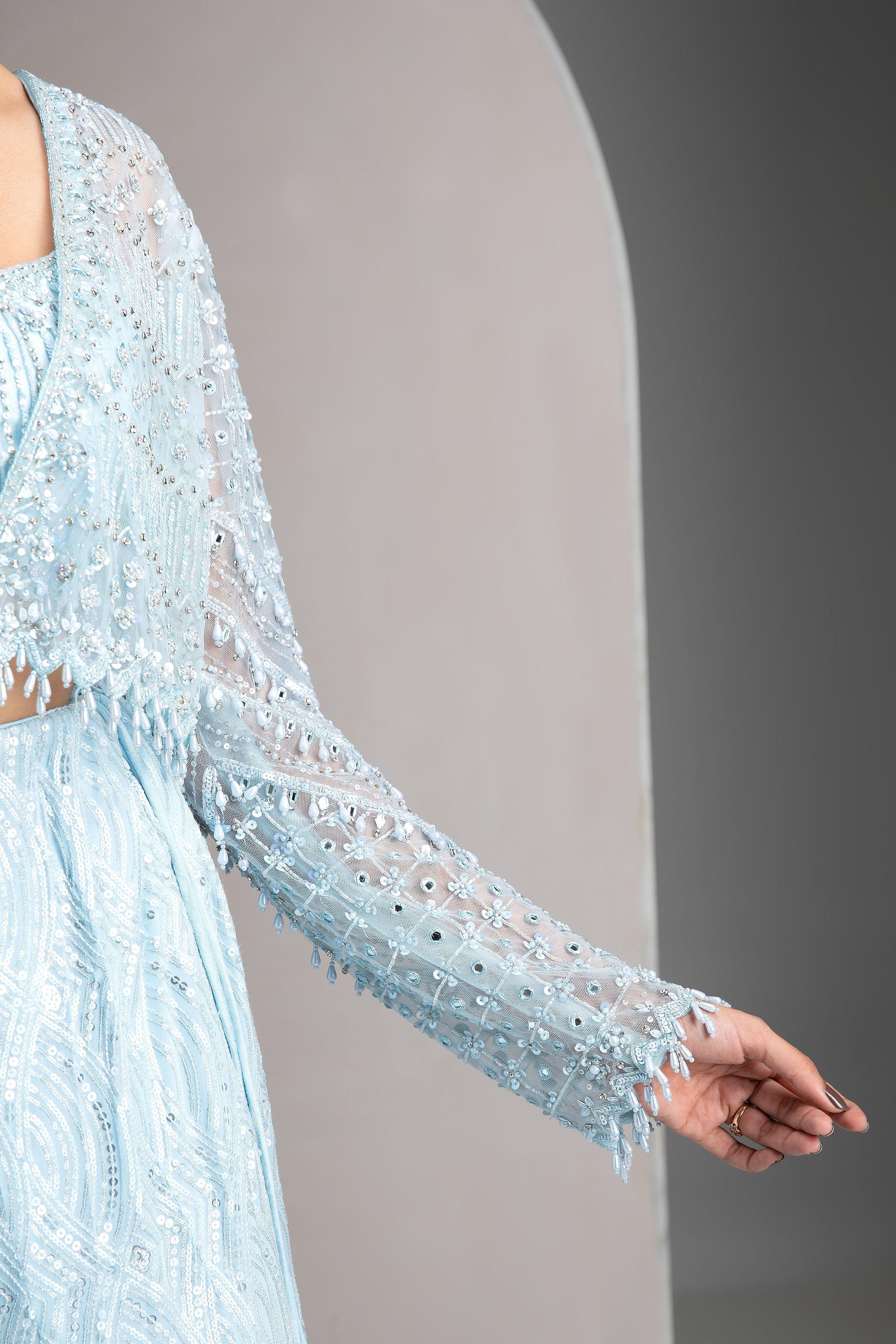 Icy Blue Mermaid Cut Lehenga Set - Mokshaa