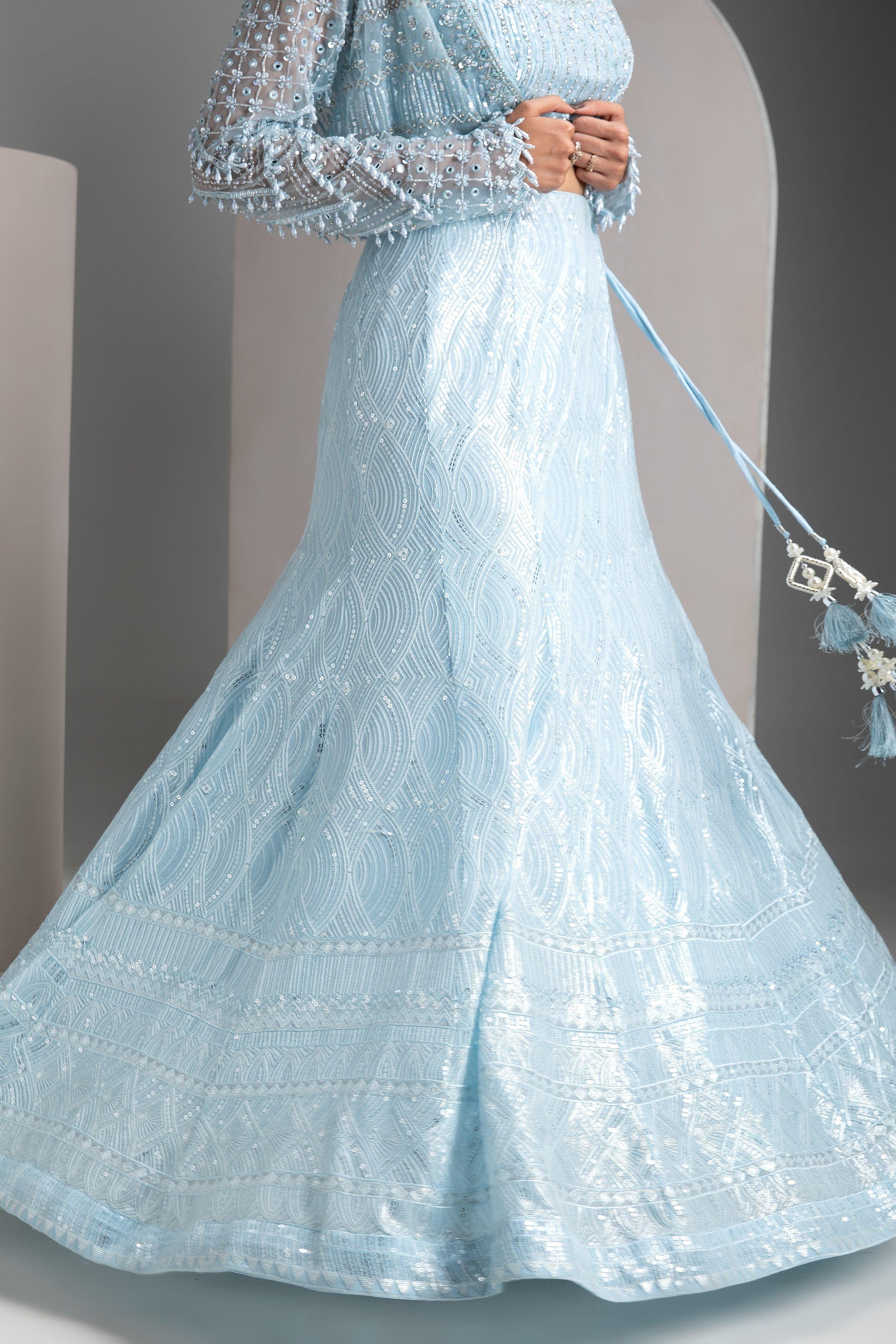 Icy Blue Mermaid Cut Lehenga Set - Mokshaa