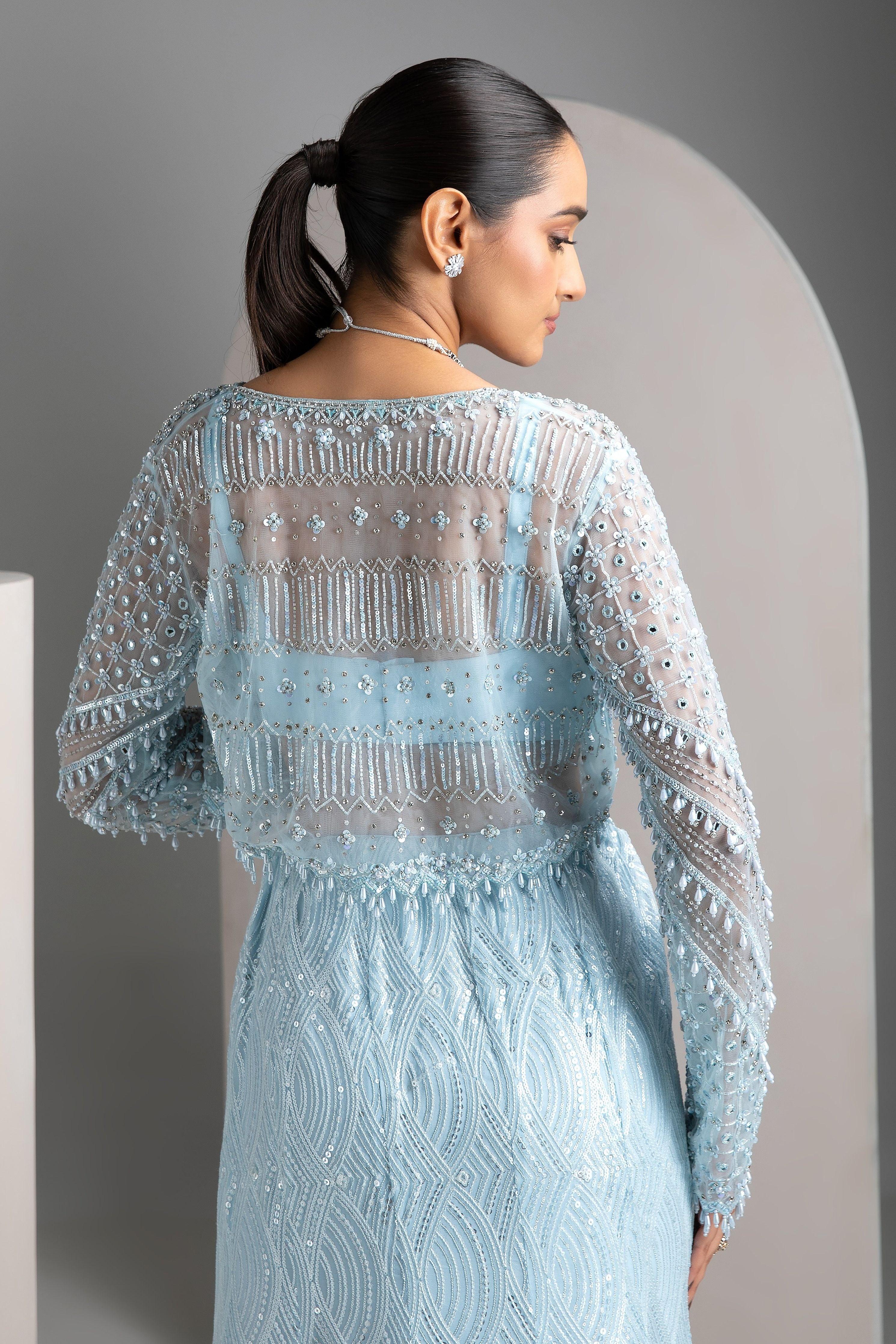 Icy Blue Mermaid Cut Lehenga Set - Mokshaa