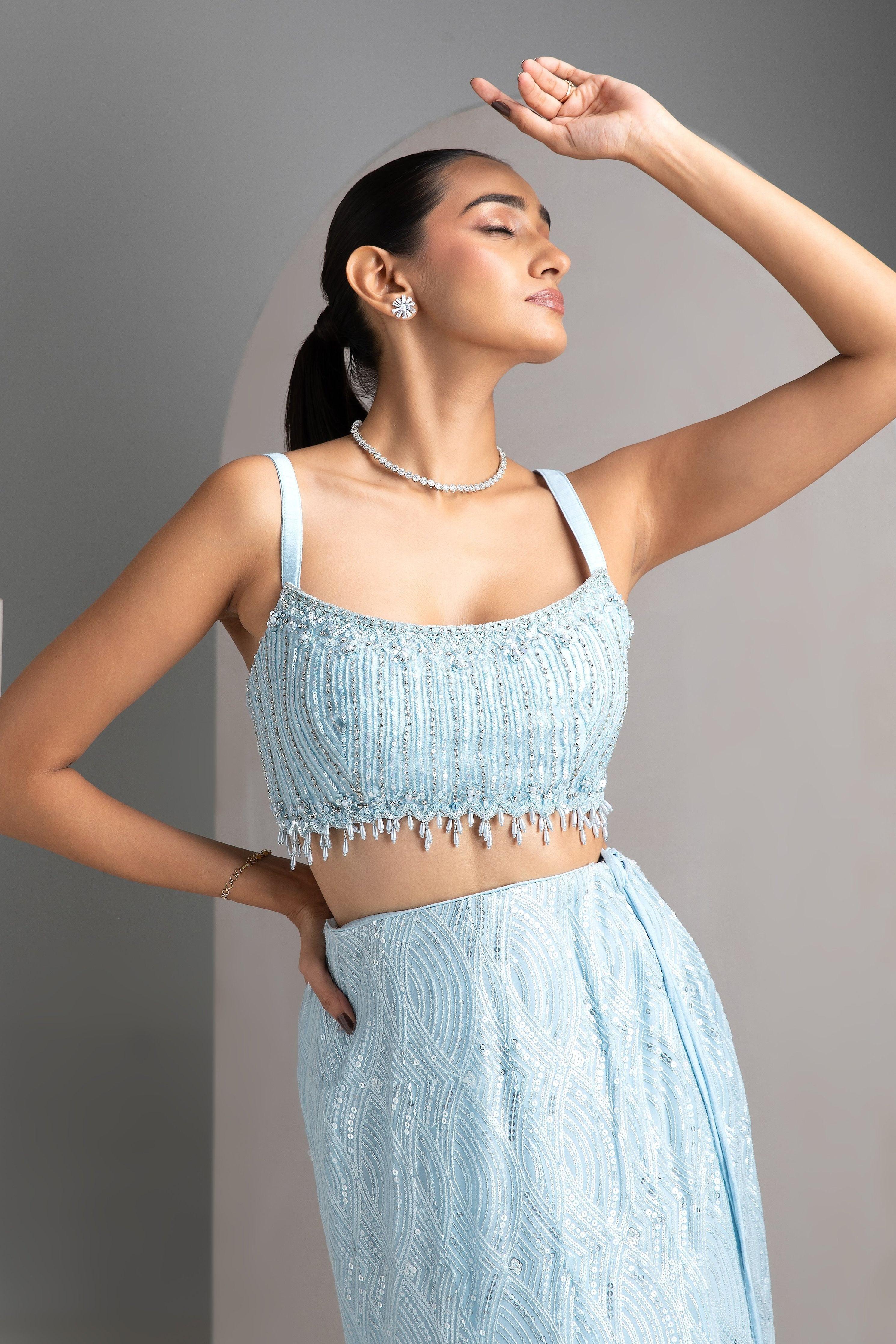 Icy Blue Mermaid Cut Lehenga Set - Mokshaa