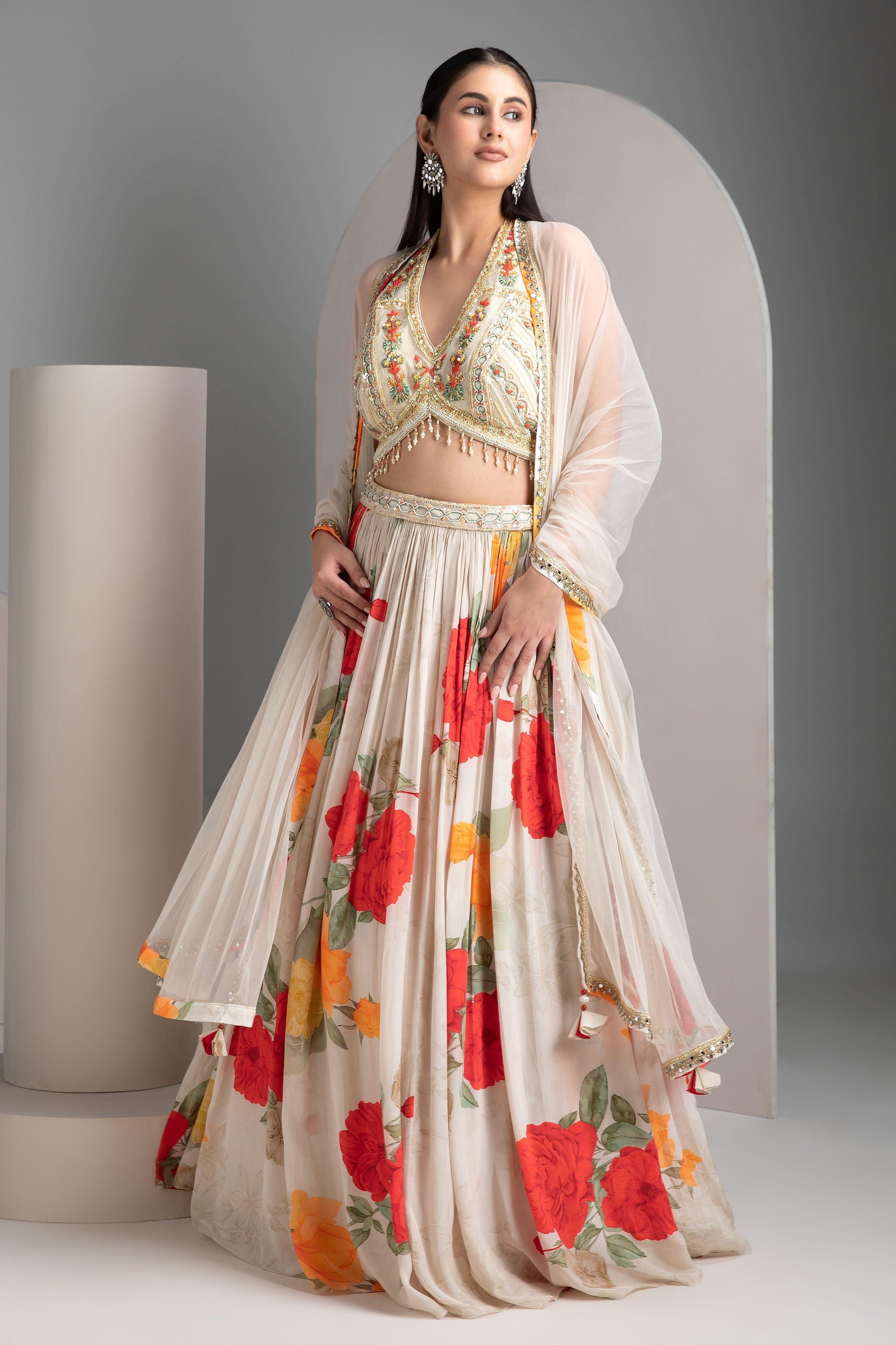 Ivory Floral Lehenga with Embroidered Blouse - Mokshaa