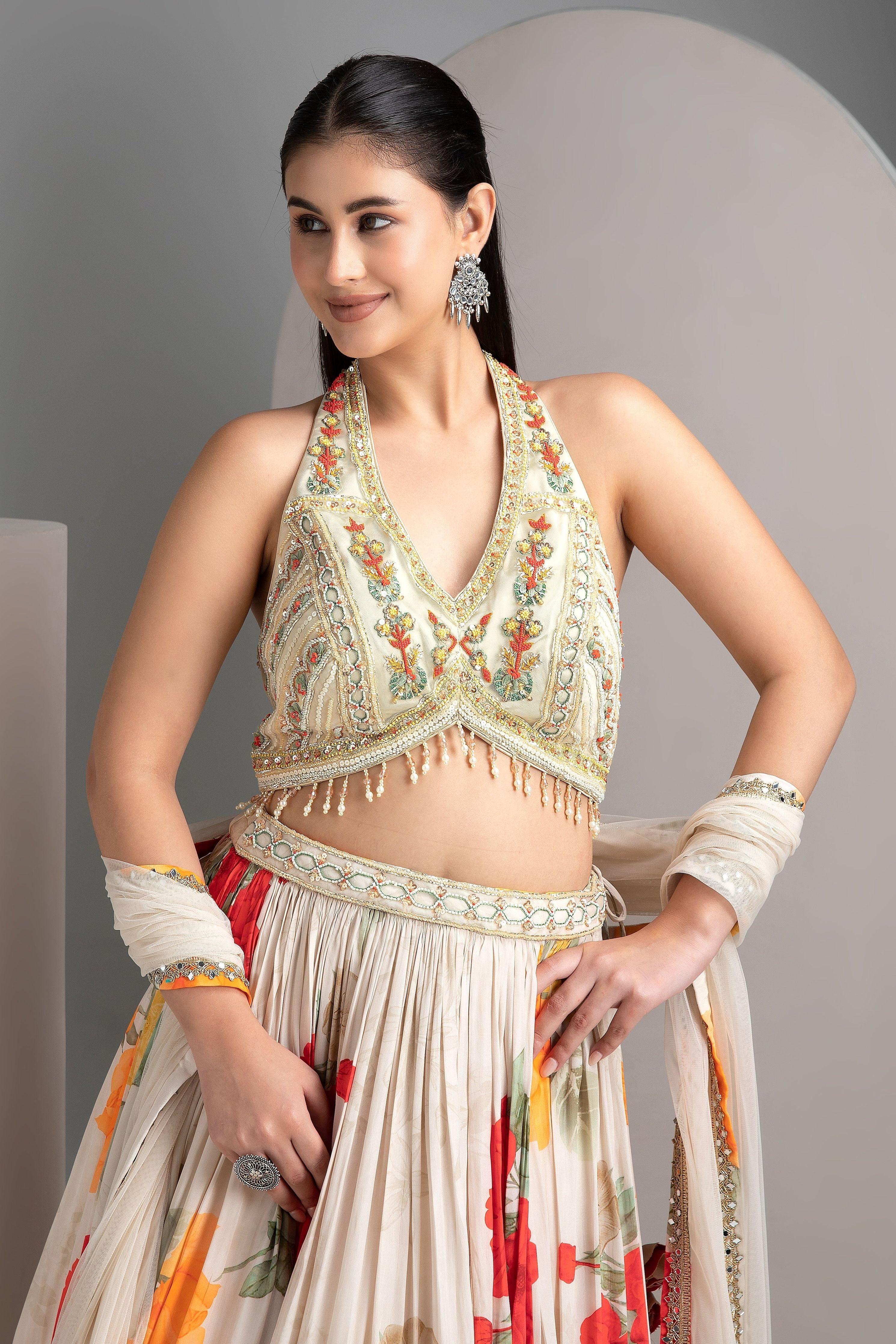 Ivory Floral Lehenga with Embroidered Blouse - Mokshaa